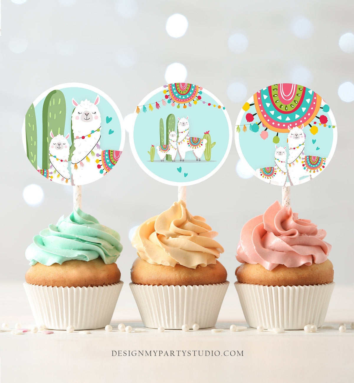 Llama Cupcake Toppers Favor Tags Llama Baby Shower Party Decor Boy Blue Fiesta Mexican Llama Party Cactus Digital Download Printable 0079