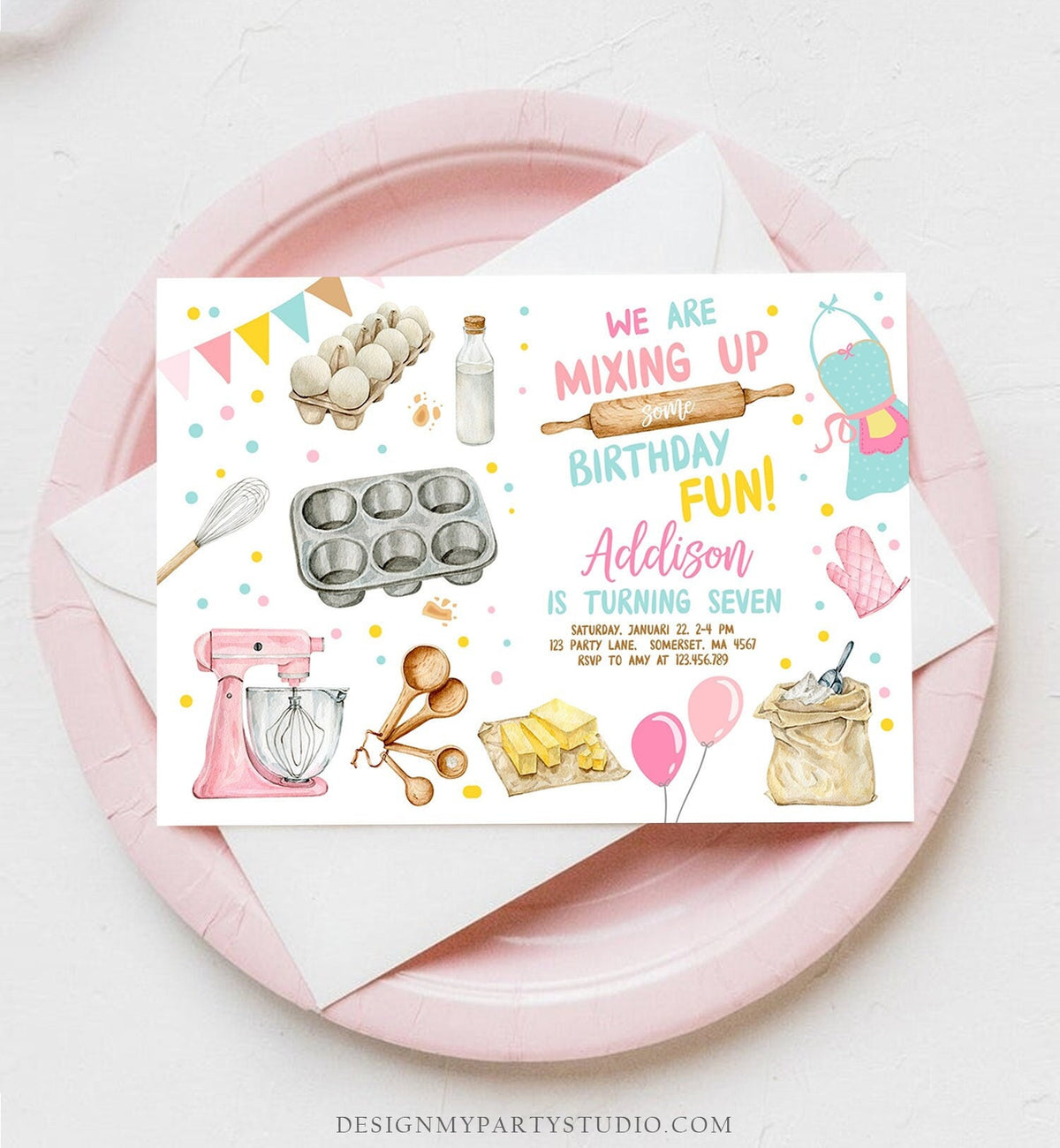 Editable Baking Birthday Party Invitation Kids Cooking Birthday Girl Chef Party Kitchen Pink Digital Download Template Printable 0364
