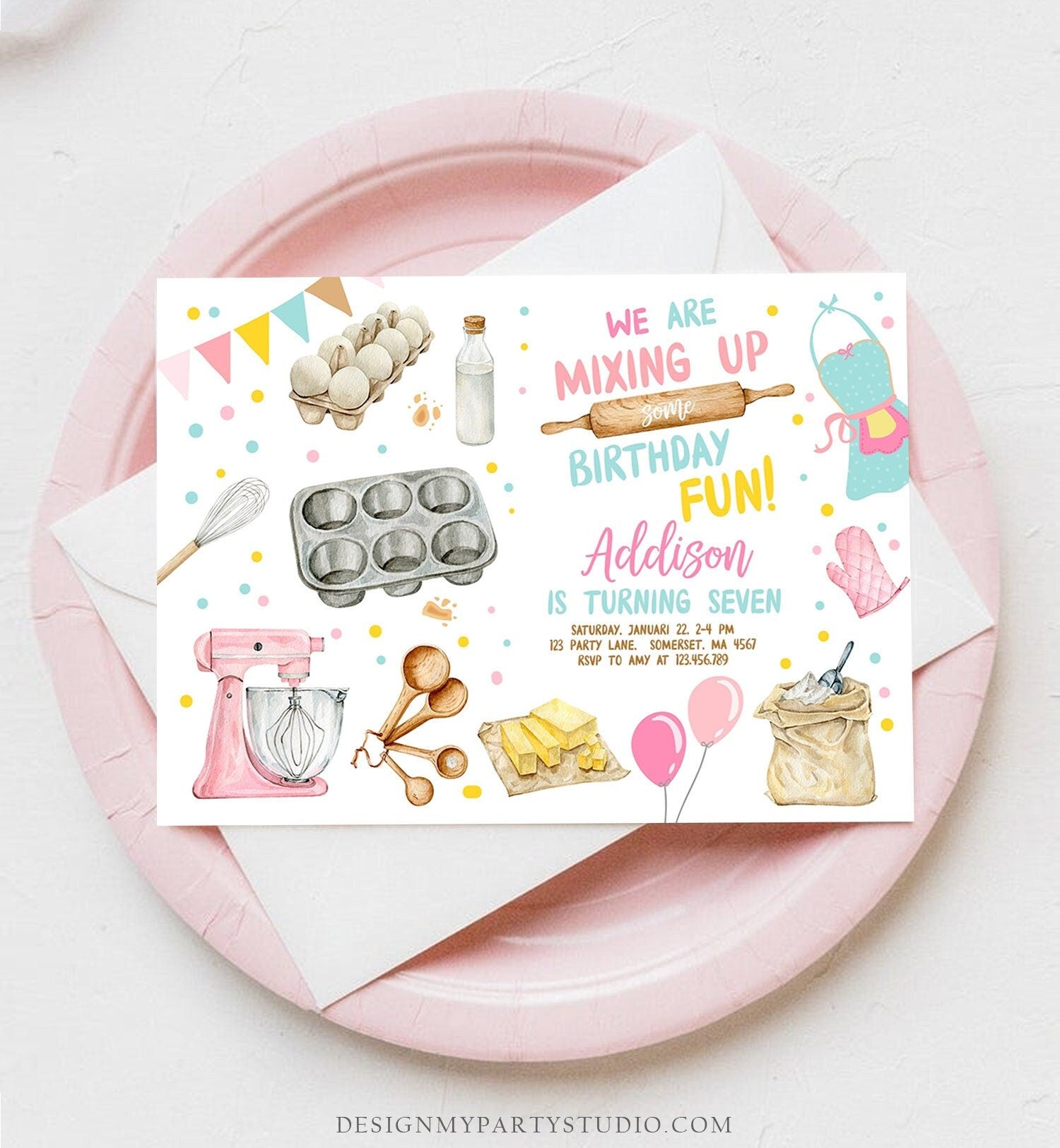 Editable Baking Birthday Party Invitation Kids Cooking Birthday Girl Chef Party Kitchen Pink Digital Download Template Printable 0364
