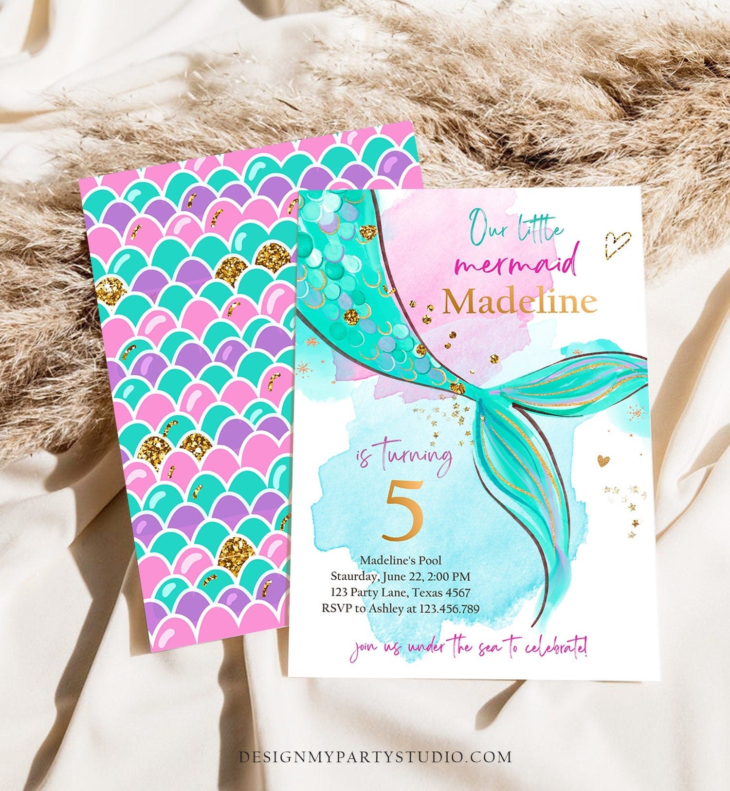 Editable Mermaid Birthday Party Invitation Girl Pink Green Purple Gold Mermaid Under The Sea Digital Download Template Printable 0403