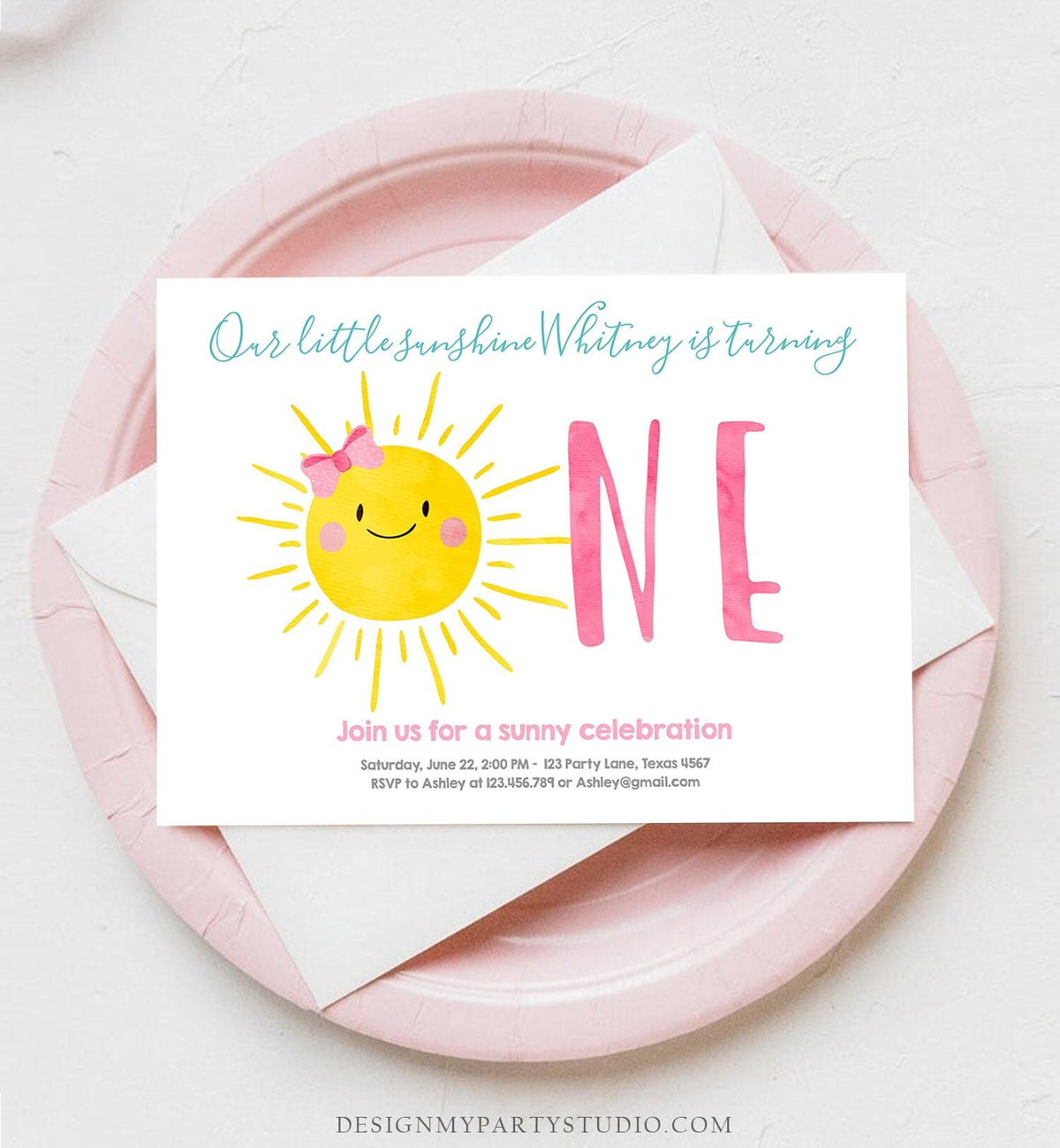 Editable Our Little Sunshine Birthday Invitation Sunshine First Birthday 1st Party Pink Girl Bow Digital Download Template Printable 0141