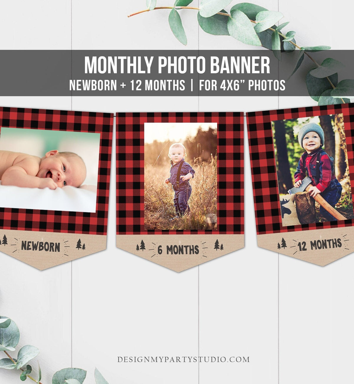 Lumberjack First Birthday Banner Monthly Photo Banner Woodland Red Buffalo Plaid Party Decor Instant Digital Download Printable 0026