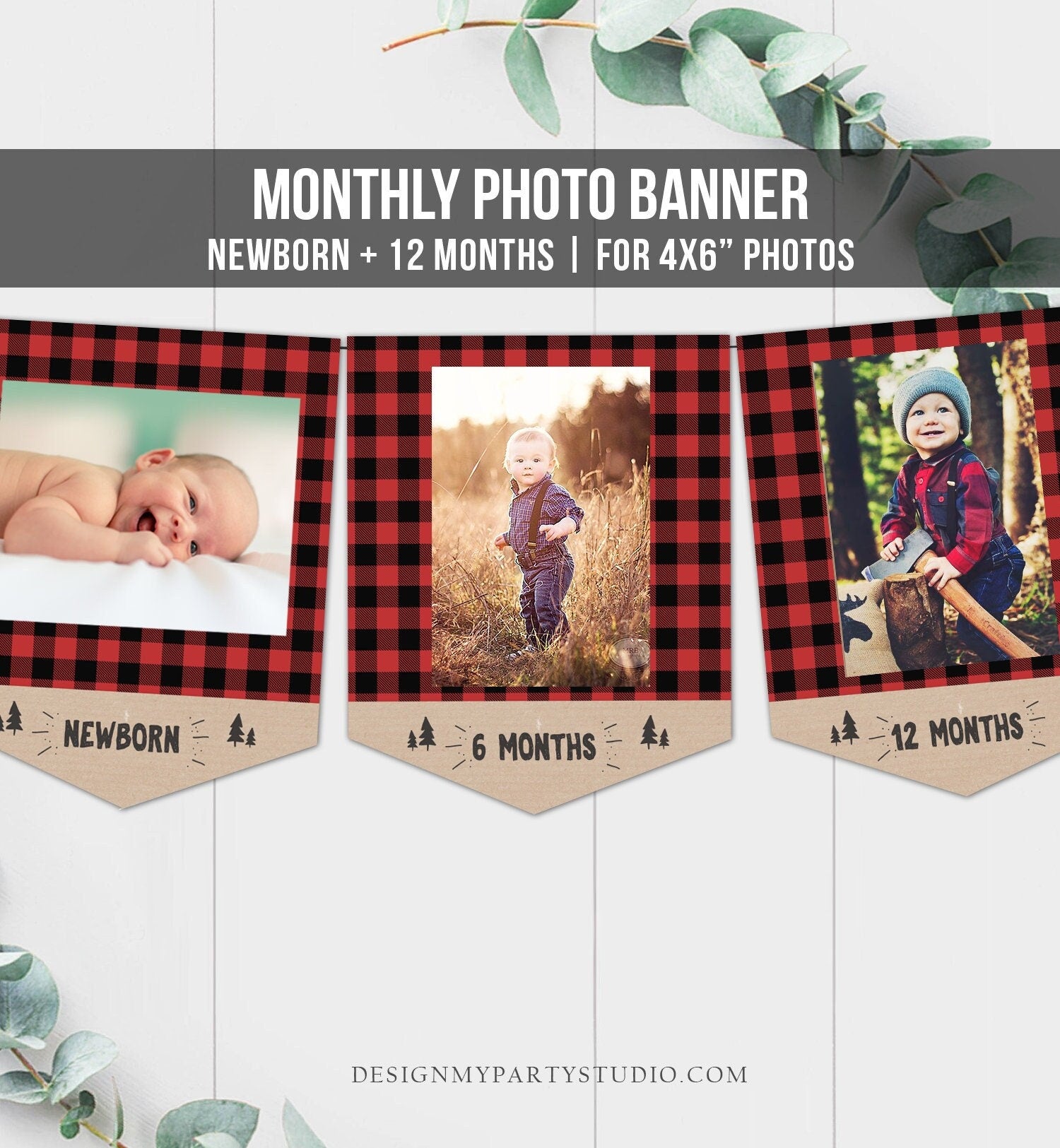 Lumberjack First Birthday Banner Monthly Photo Banner Woodland Red Buffalo Plaid Party Decor Instant Digital Download Printable 0026