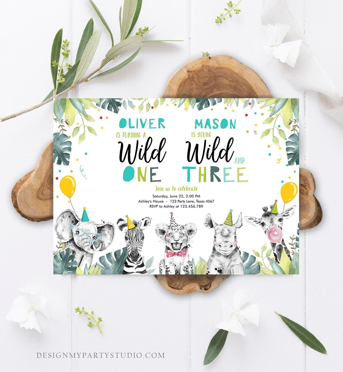 Editable Wild One Young Wild and Three Birthday Invitation Party Animals Boy First Third Birthday Safari Coed Joint Template Printable 0322