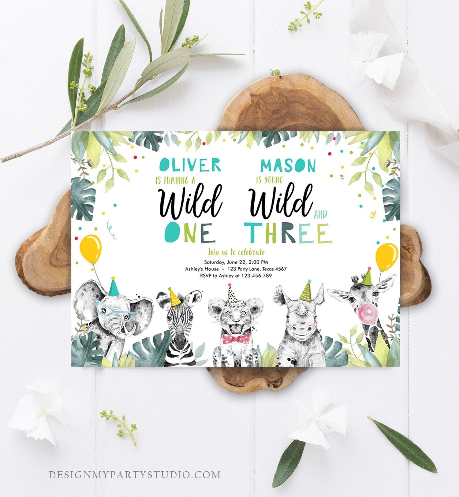 Editable Wild One Young Wild and Three Birthday Invitation Party Animals Boy First Third Birthday Safari Coed Joint Template Printable 0322