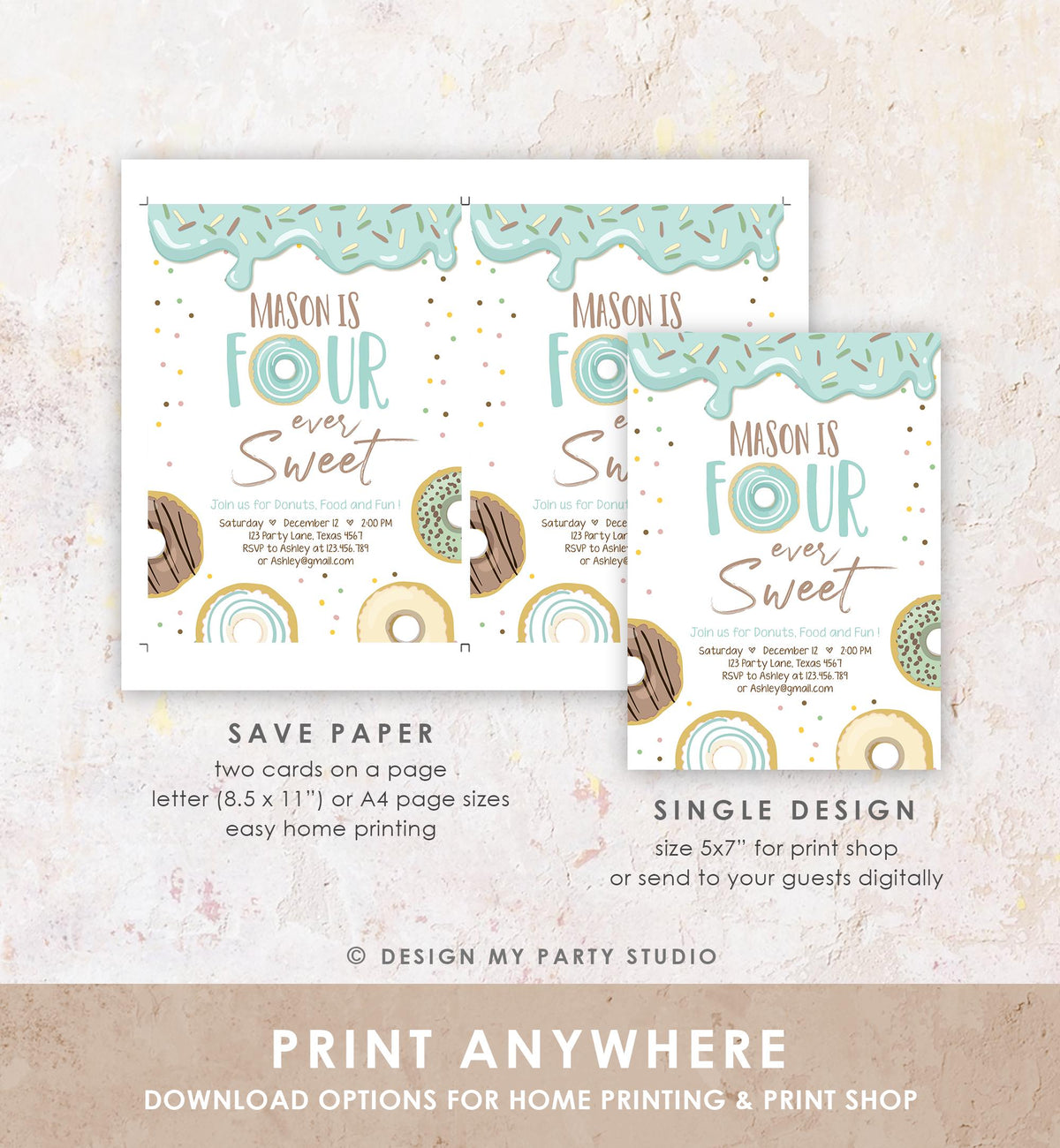 Editable Donut Four Ever Sweet Birthday Invitation 4th Birthday Party Blue Boy Doughnut Four Digital Download Evite Template Printable 0320