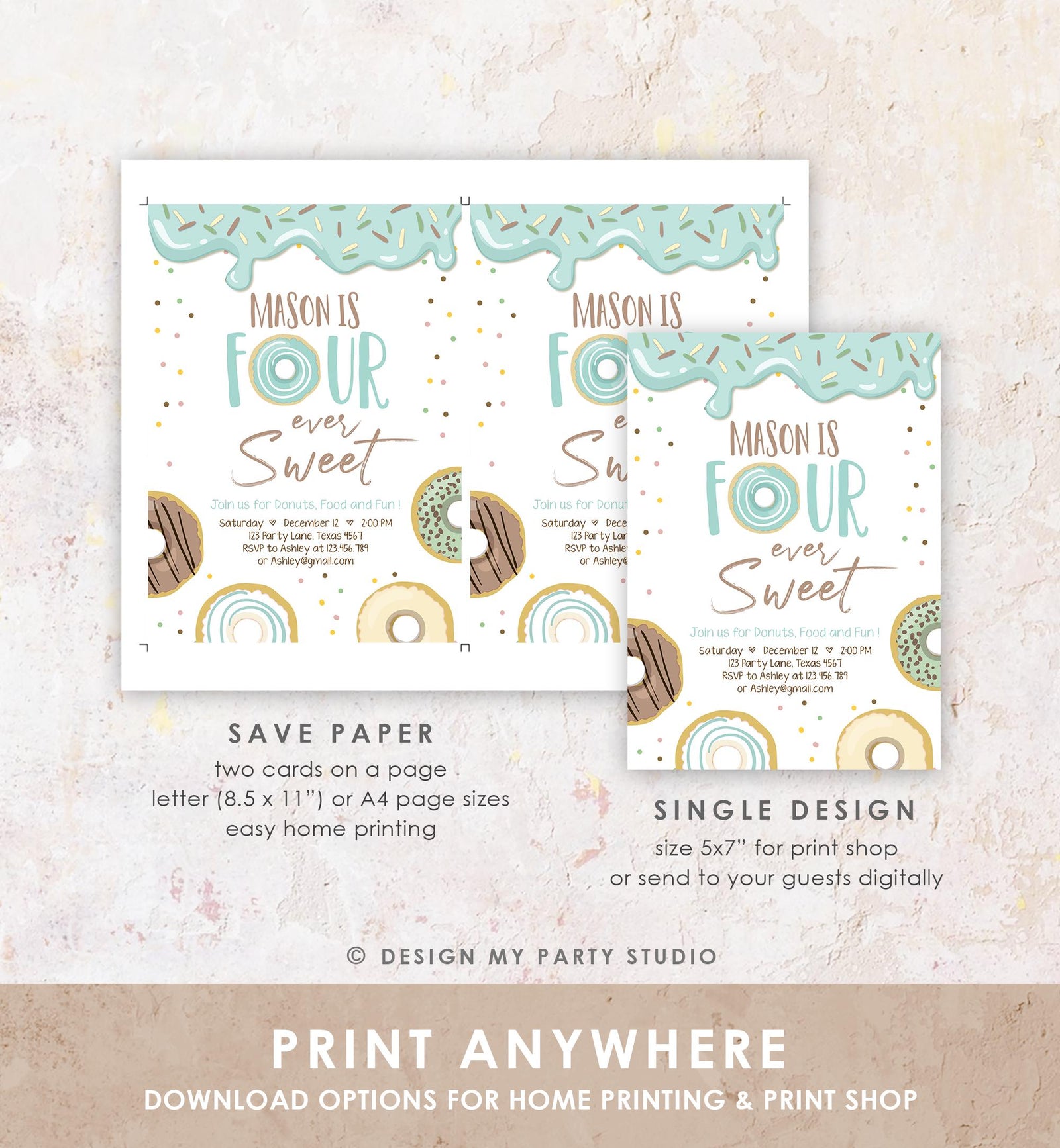 Editable Donut Four Ever Sweet Birthday Invitation 4th Birthday Party Blue Boy Doughnut Four Digital Download Evite Template Printable 0320