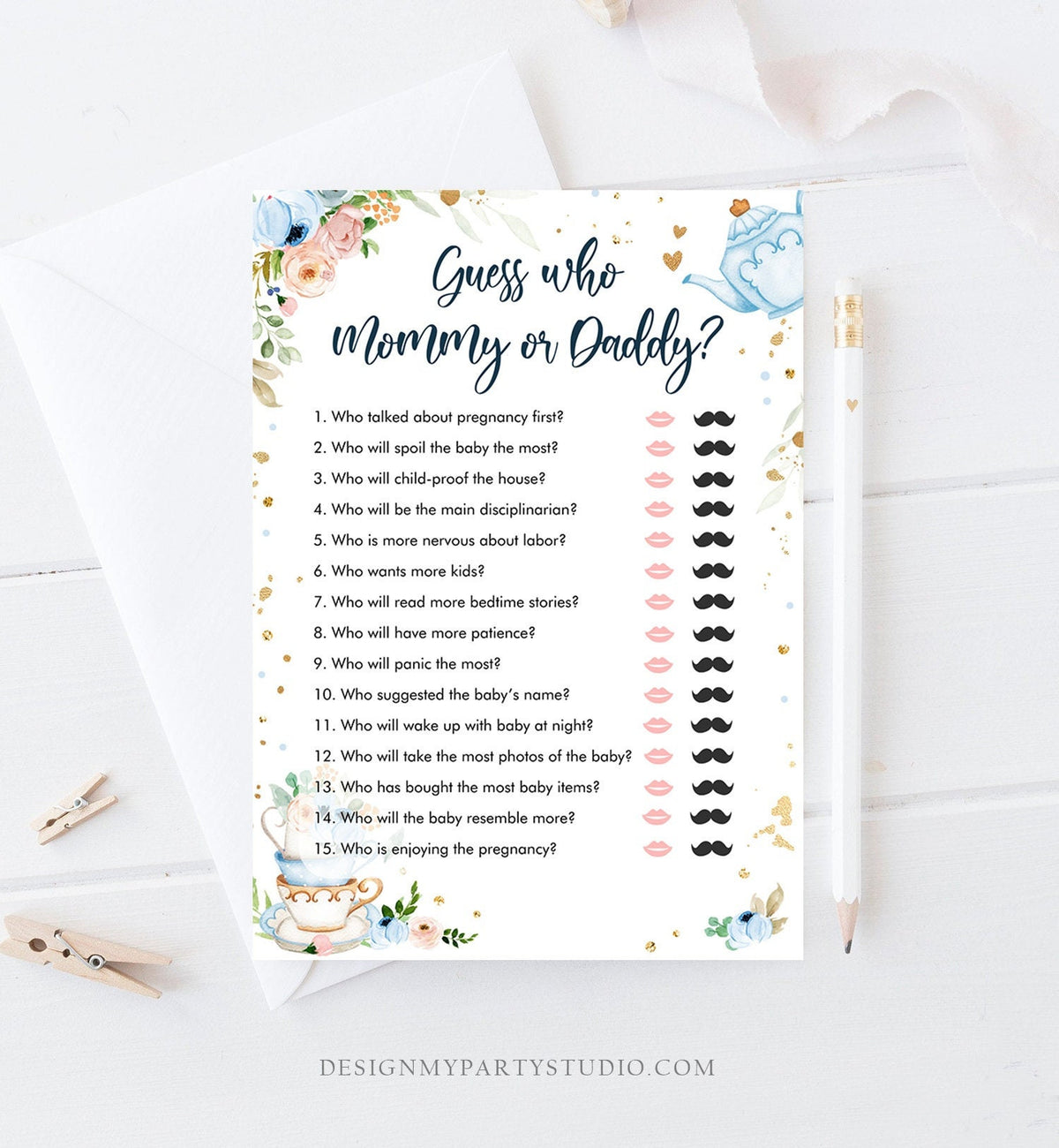 Editable Mommy or Daddy Baby Shower Game Guess Who Mom Dad Tea Party Baby is Brewing Game Shower Activity Digital Template Printable 0349