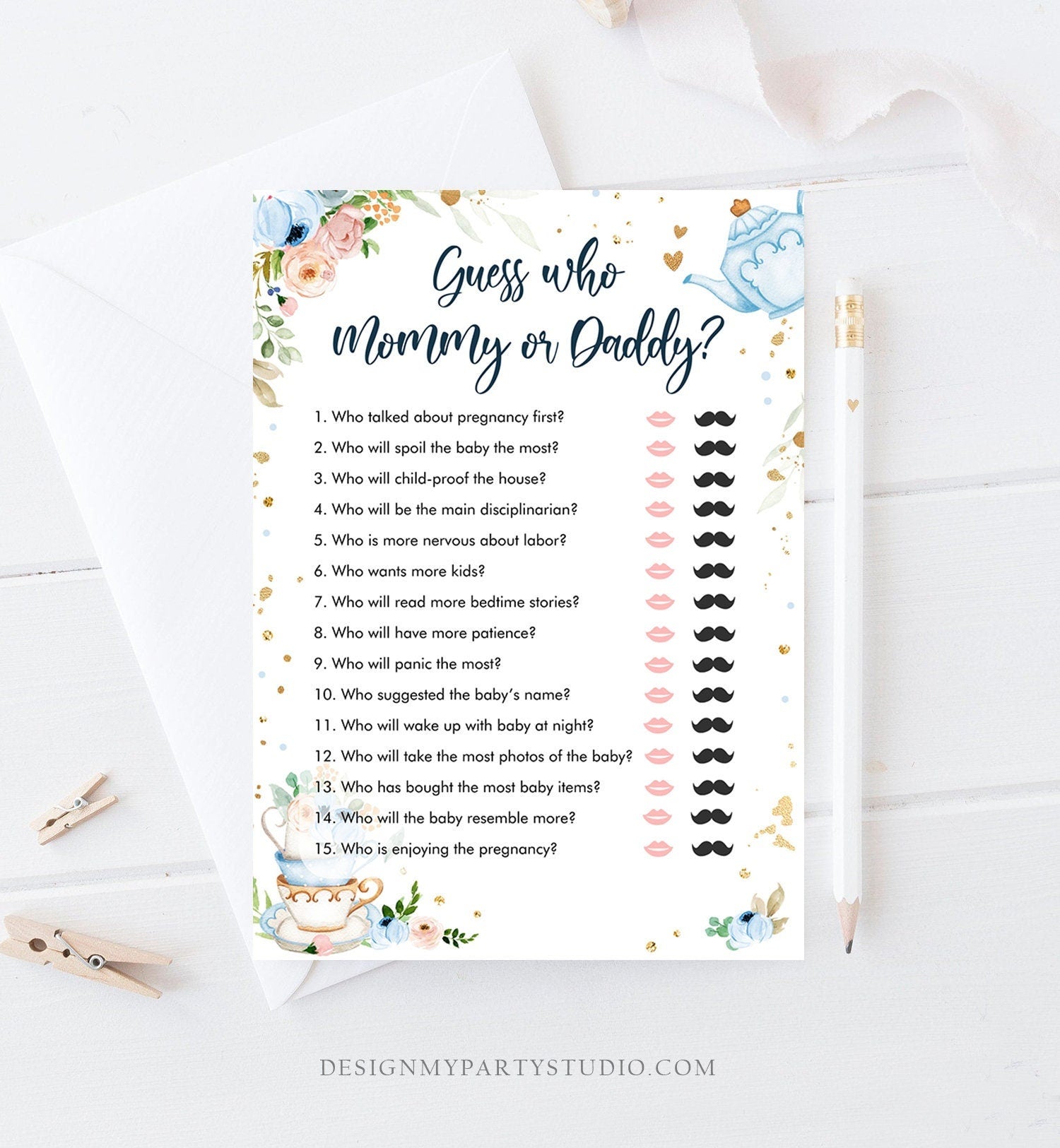 Editable Mommy or Daddy Baby Shower Game Guess Who Mom Dad Tea Party Baby is Brewing Game Shower Activity Digital Template Printable 0349