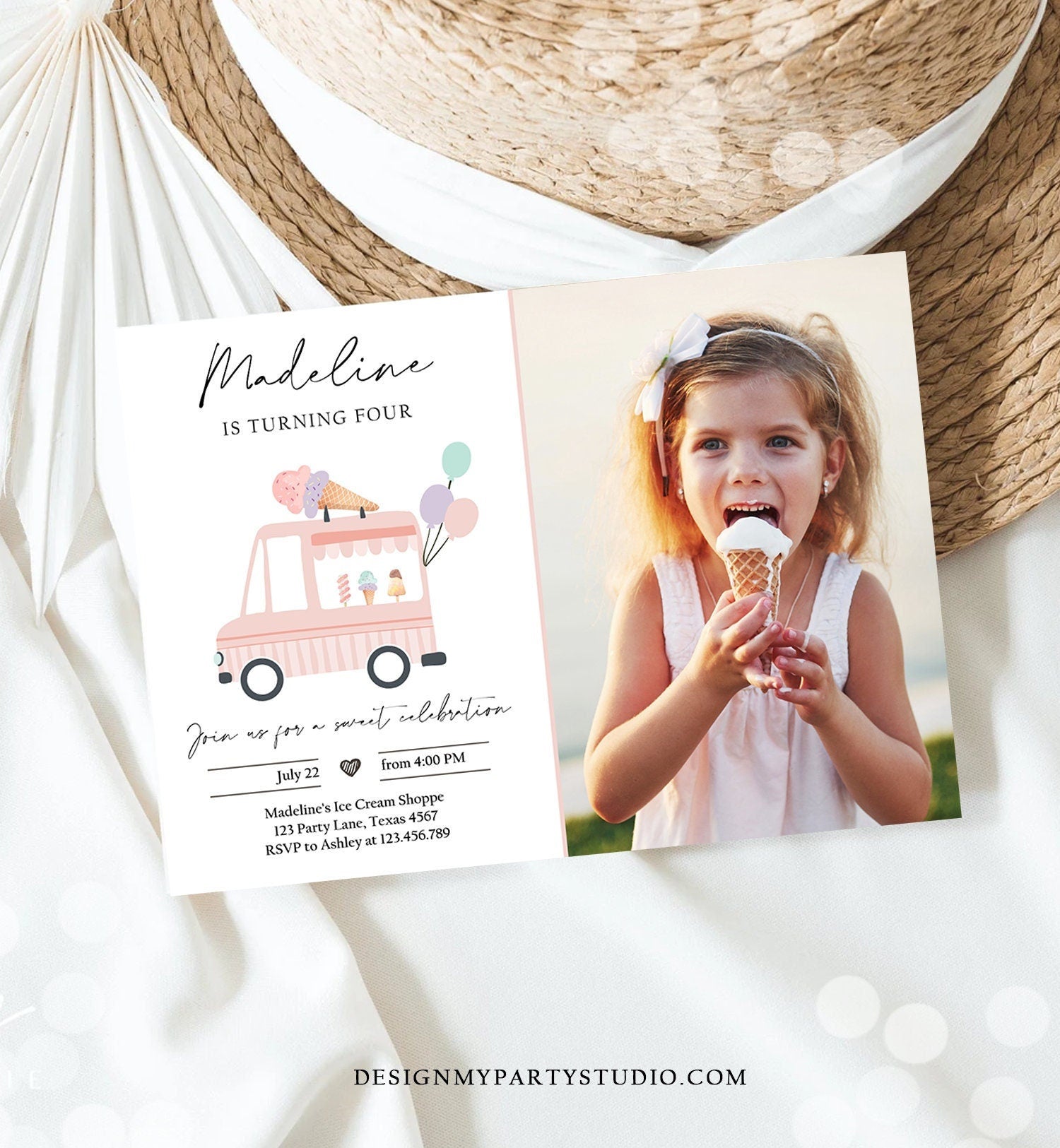 Editable Ice Cream Truck Birthday Invitation Ice Cream Truck Invite Modern Ice Cream Shoppe Van The Scoop Girl Photo Template Printable 0415