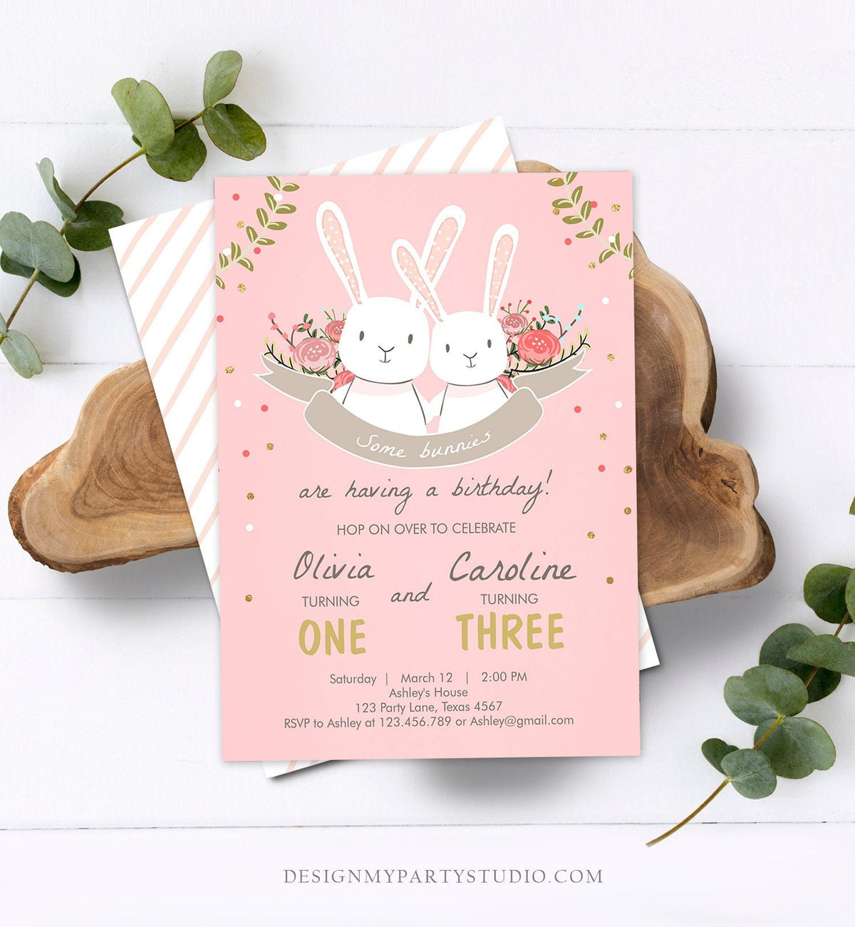 Editable Bunny Birthday Invitation Twins Birthday Pink Gold Twin Birthday Sisters Bunnies Digital Download Template Printable 0104