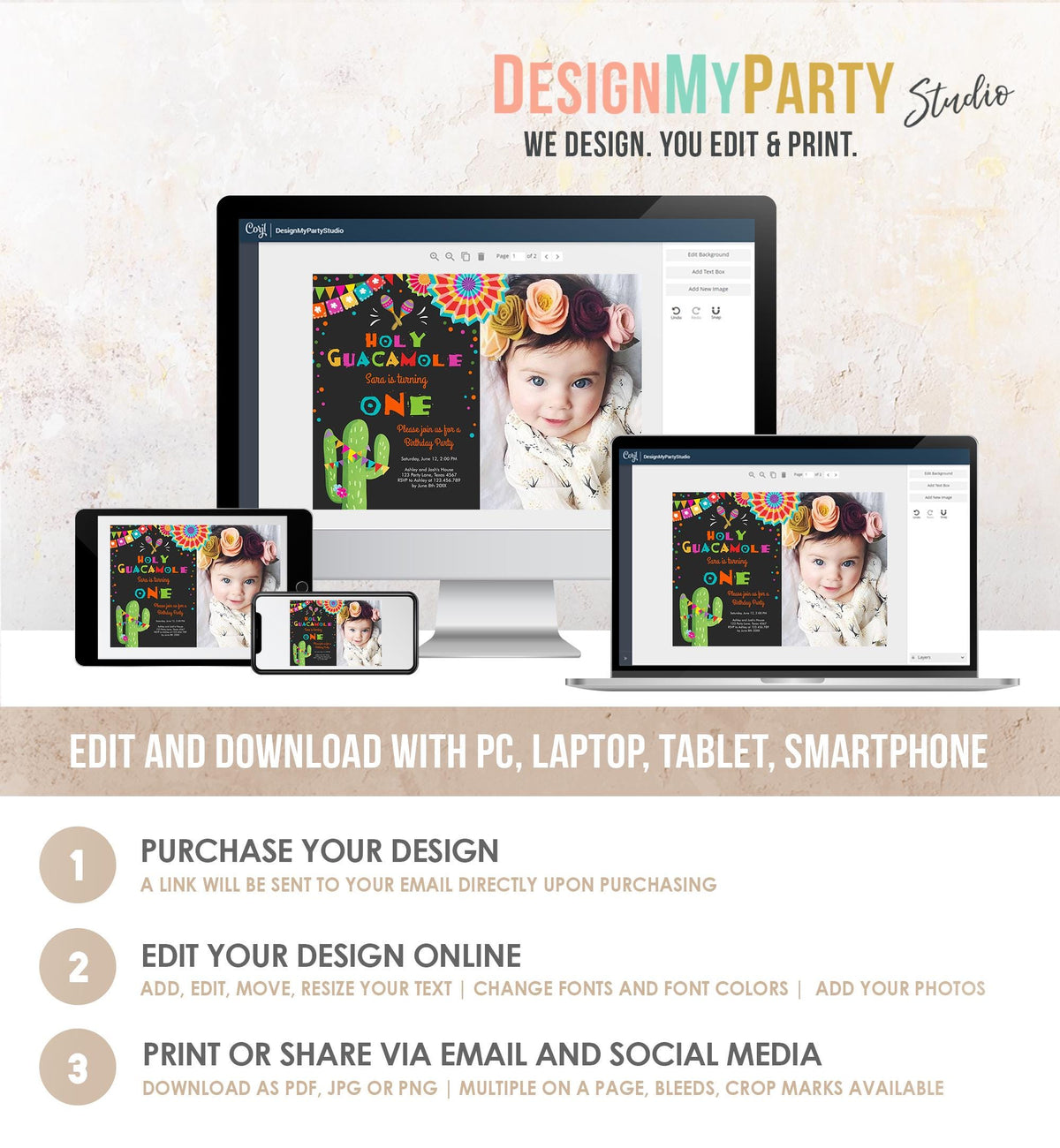 Editable First Fiesta Birthday Invitation Holy Guacamole ONE First Birthday 1st Mexican Cactus Cumpleaños Digital Template Printable 0045