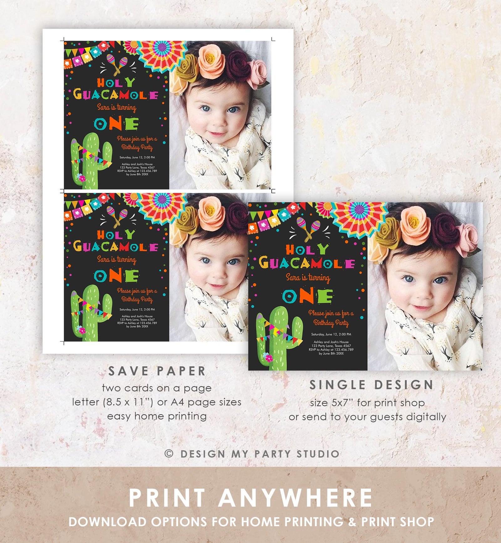 Editable First Fiesta Birthday Invitation Holy Guacamole ONE First Birthday 1st Mexican Cactus Cumpleaños Digital Template Printable 0045