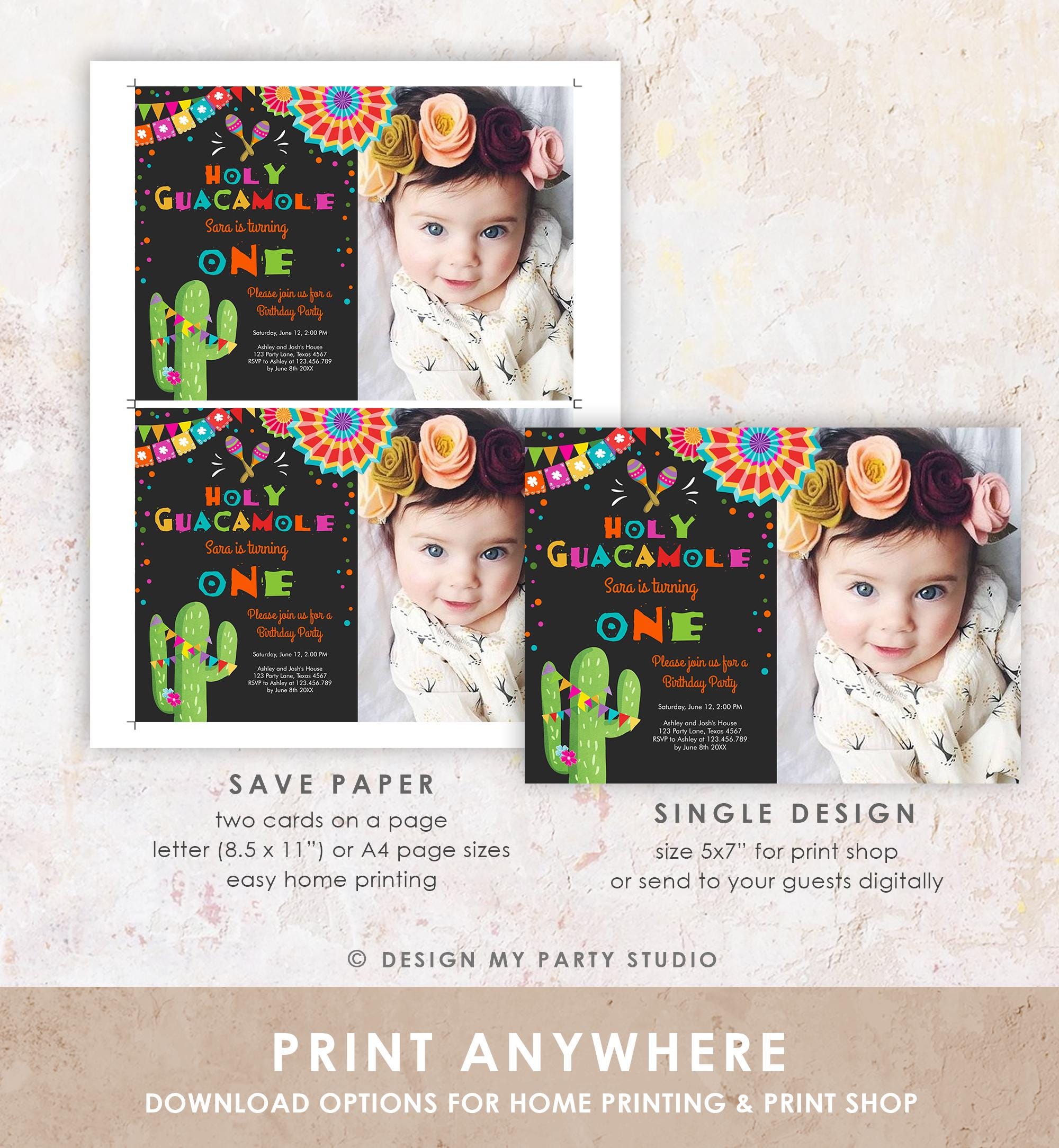Editable First Fiesta Birthday Invitation Holy Guacamole ONE First Birthday 1st Mexican Cactus Cumpleaños Digital Template Printable 0045