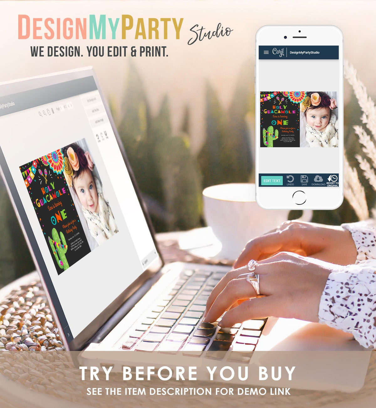 Editable First Fiesta Birthday Invitation Holy Guacamole ONE First Birthday 1st Mexican Cactus Cumpleaños Digital Template Printable 0045