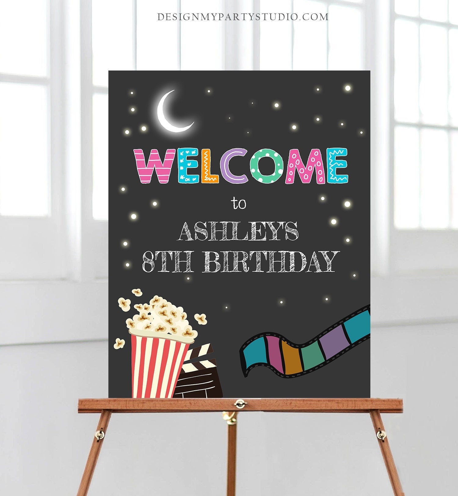 Editable Welcome Sign Movie Night Birthday Girl Movie Under The Stars Welcome Popcorn Movie Party Backyard Digital Template Printable 0042