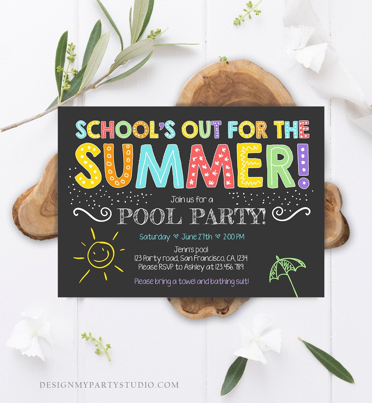 Editable School's Out For The Summer Pool Party Invitation Boy Girl Splish Splash Birthday Swimming Download Template Printable 0156