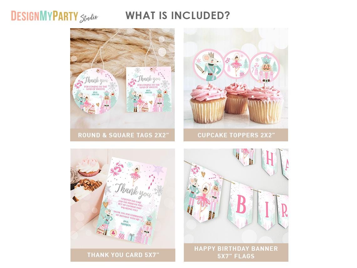 Editable Nutcracker Birthday Bundle Girl Land of Sweets Winter Pink Girl Sugar Plum Fairy Digital Download Template Printable 0352