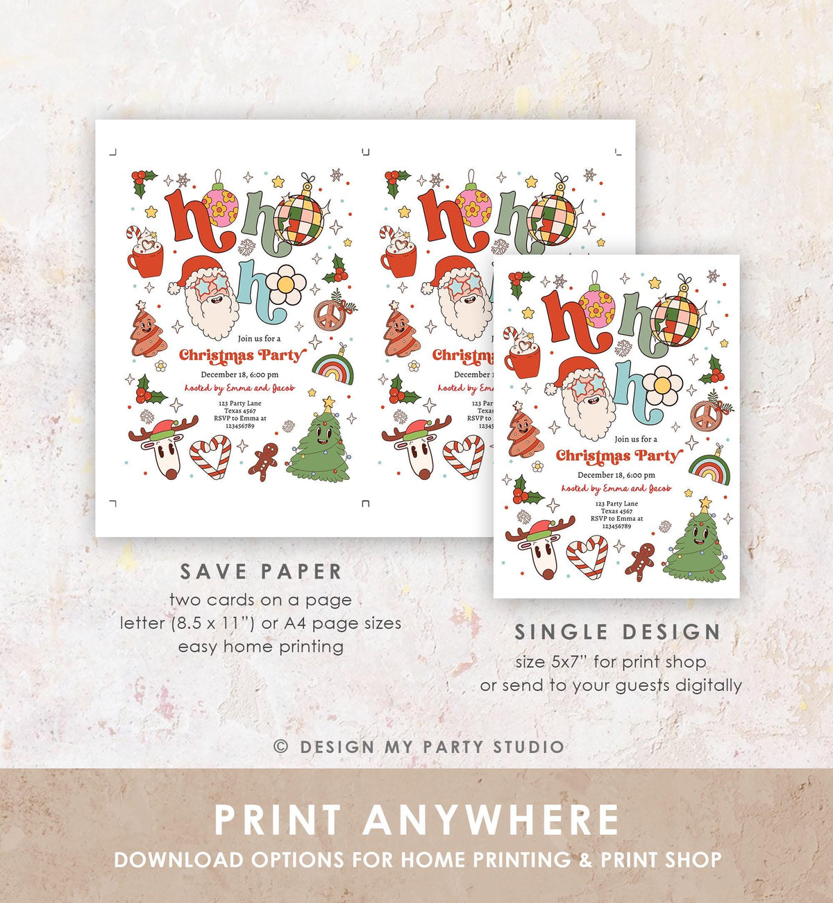 Editable Groovy Christmas Party Invitation Holiday Party Santa Party Office School Retro Christmas Evite Template Download Printable 0522