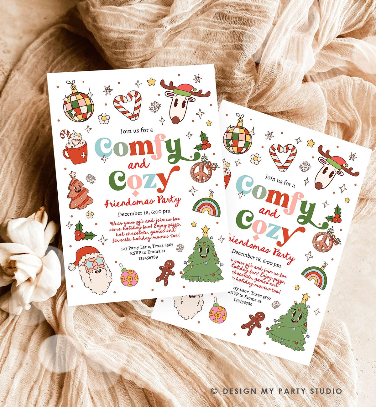 Editable Comfy and Cozy Christmas Party Invitation Groovy Retro Friendsmas Invite Holiday Party Santa Party Digital Download Printable 0522