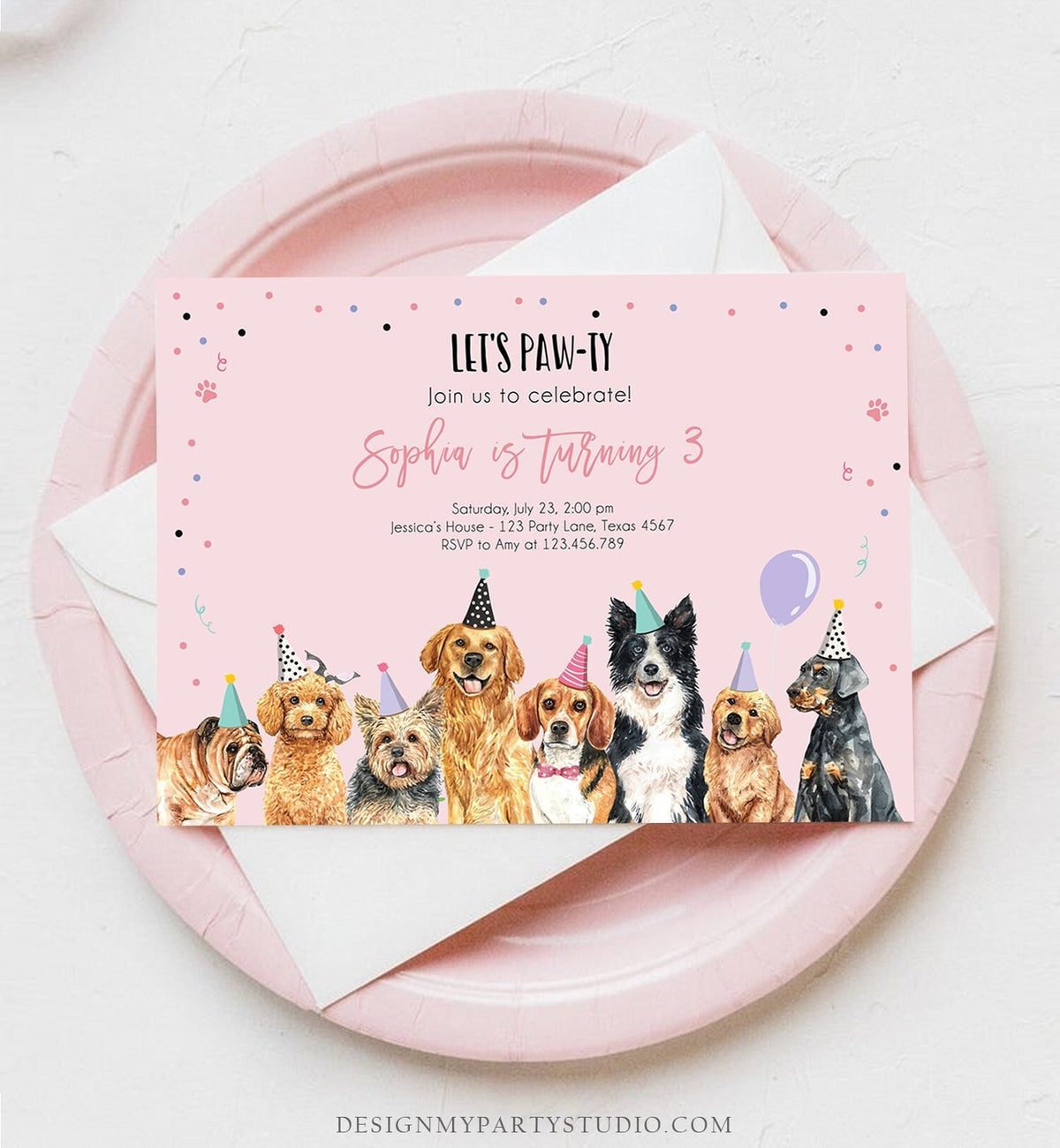 Editable Puppy Birthday Invitation Dogs Birthday Party Invite Pink Girl Watercolor Let&#39;s Pawty Dog Digital Download Template Printable 0384