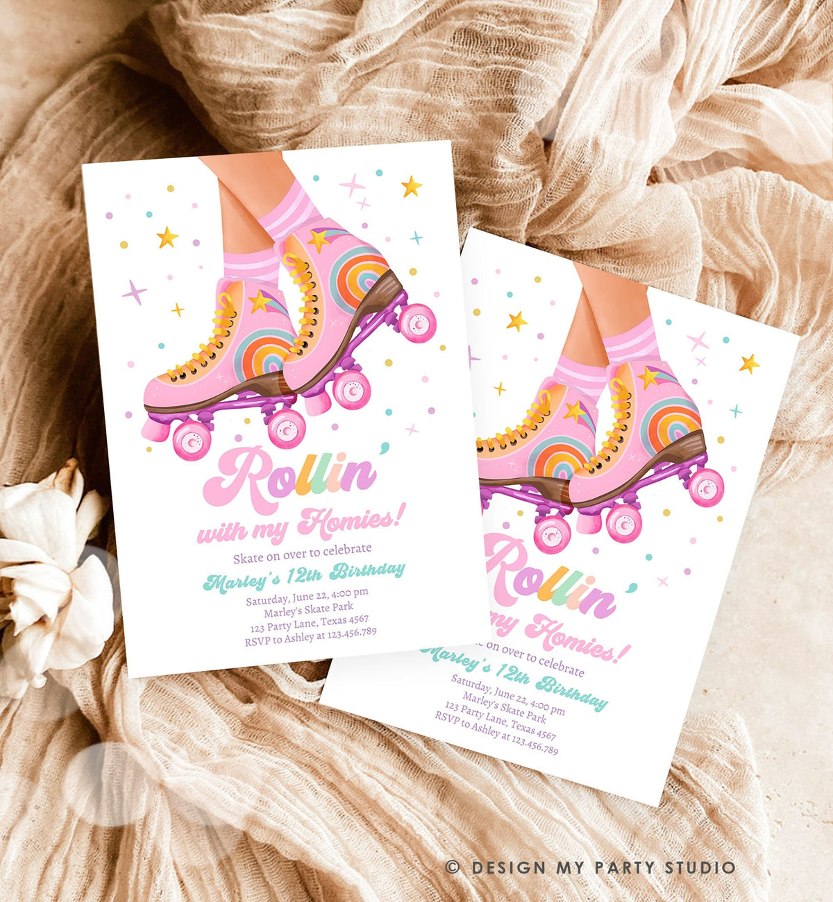 Editable Retro Roller Skate Birthday Party Invitation Rollin&#39; With My Homies Skating 70&#39;s Skate Invite Download Template Evite Digital 0514