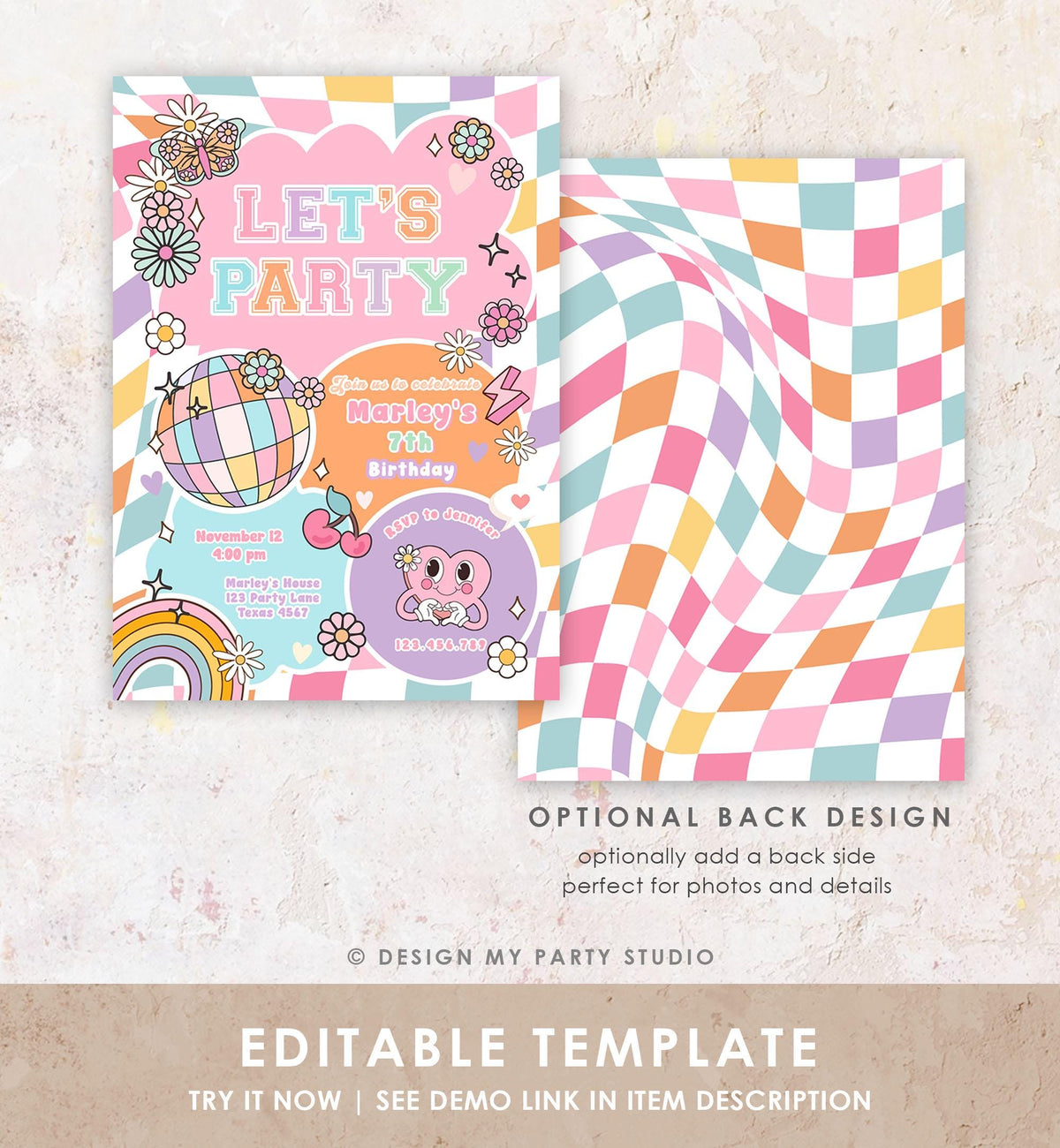 Editable Preppy Birthday Party Invitation Let&#39;s Party Birthday Varsity Fashion Tween Disco Teen Party Download Template Evite Digital 0524