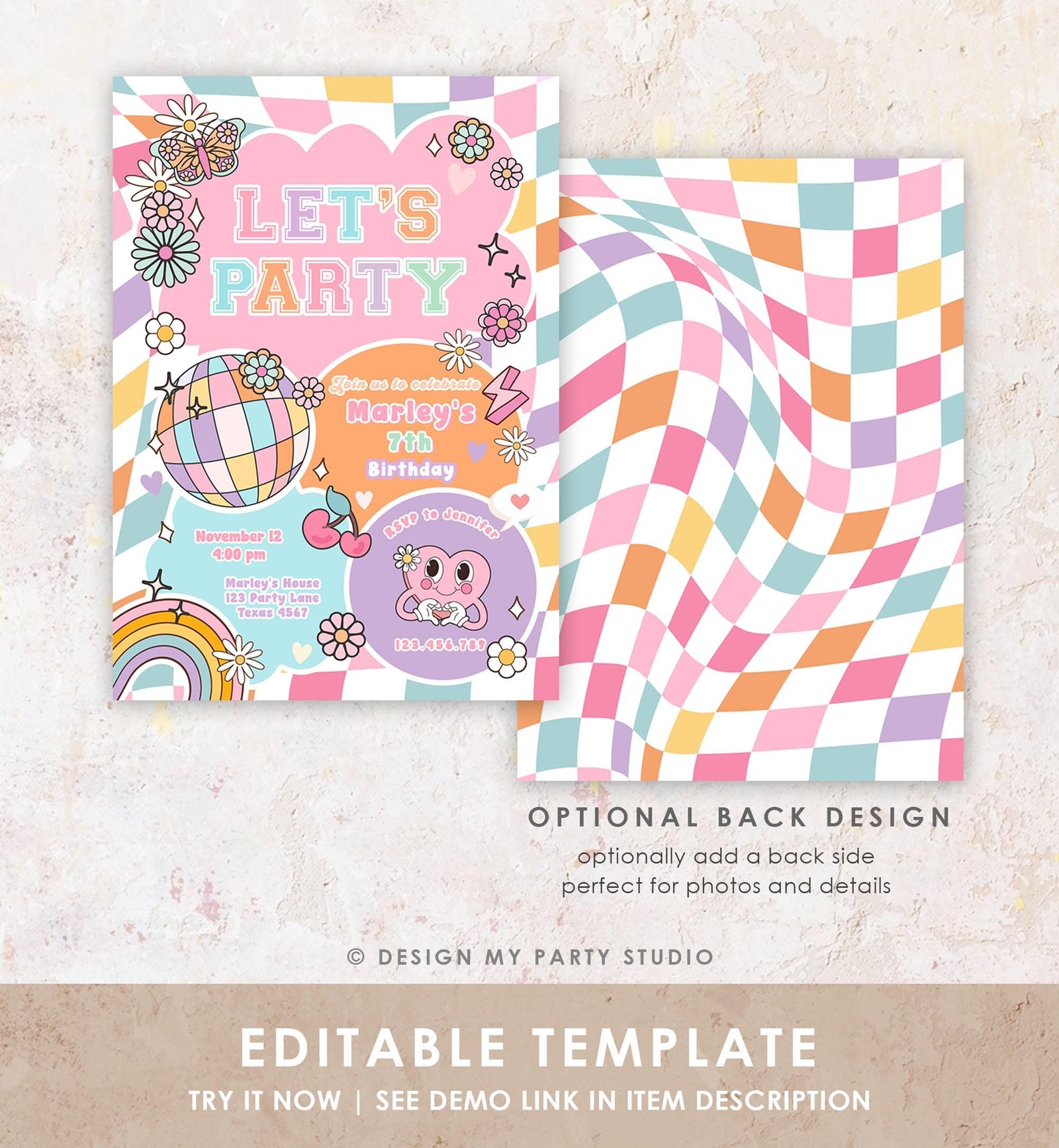 Editable Preppy Birthday Party Invitation Let's Party Birthday Varsity Fashion Tween Disco Teen Party Download Template Evite Digital 0524