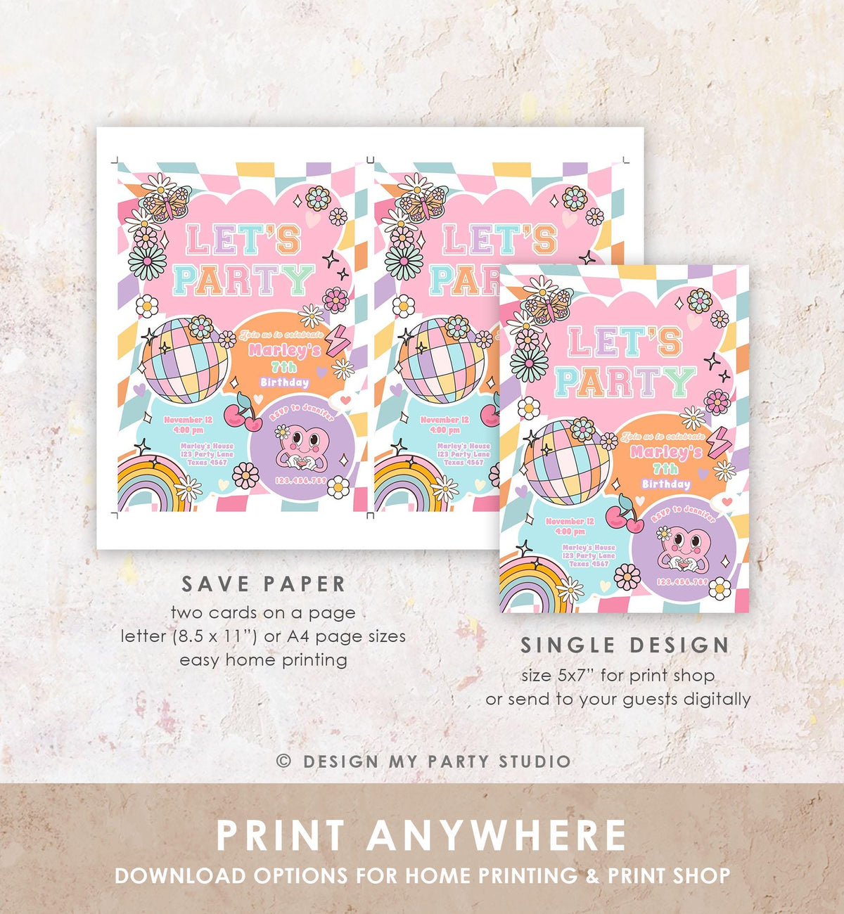 Editable Preppy Birthday Party Invitation Let&#39;s Party Birthday Varsity Fashion Tween Disco Teen Party Download Template Evite Digital 0524