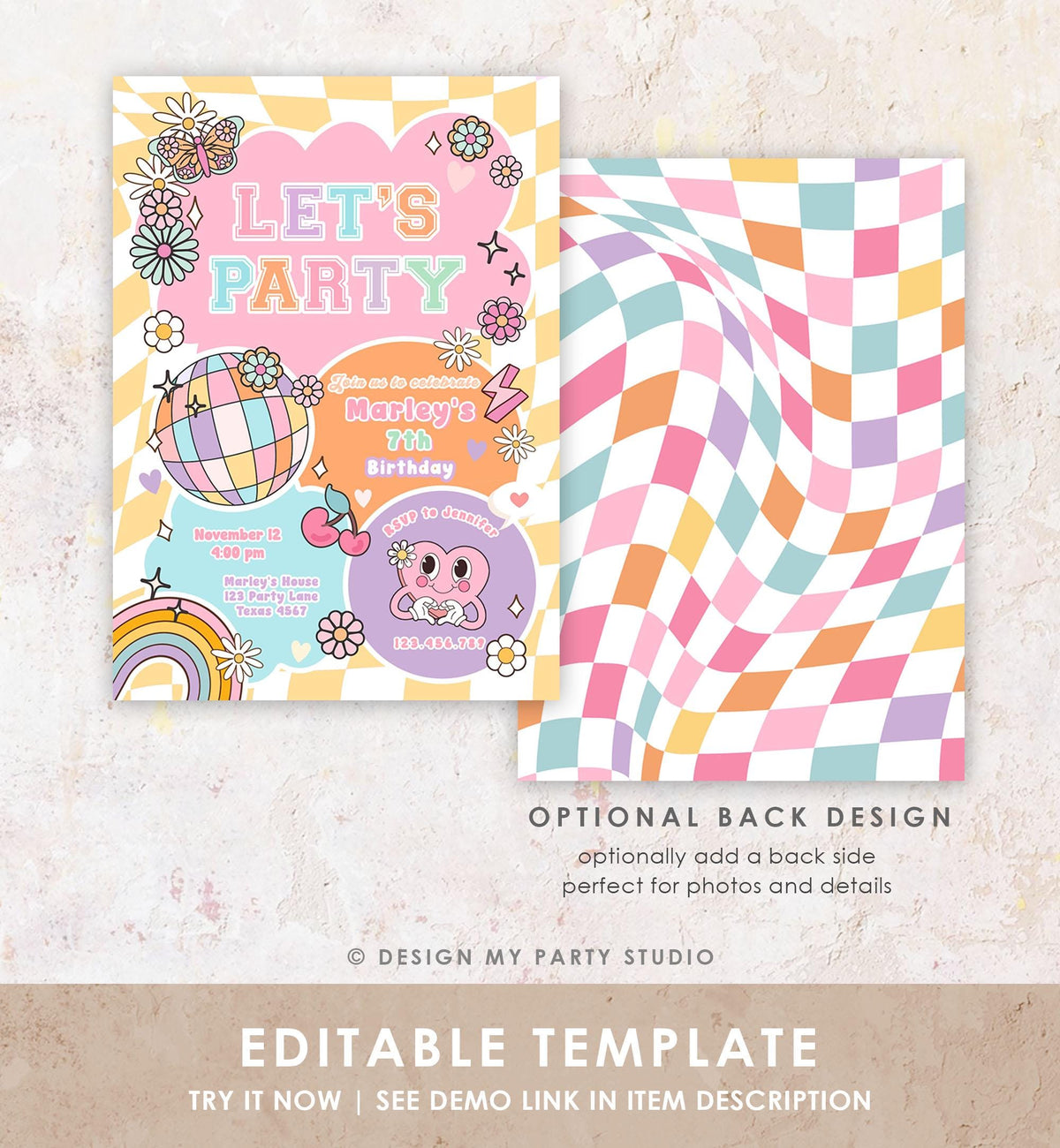 Editable Preppy Birthday Party Invitation Let&#39;s Party Birthday Varsity Fashion Tween Disco Teen Party Download Template Evite Digital 0524