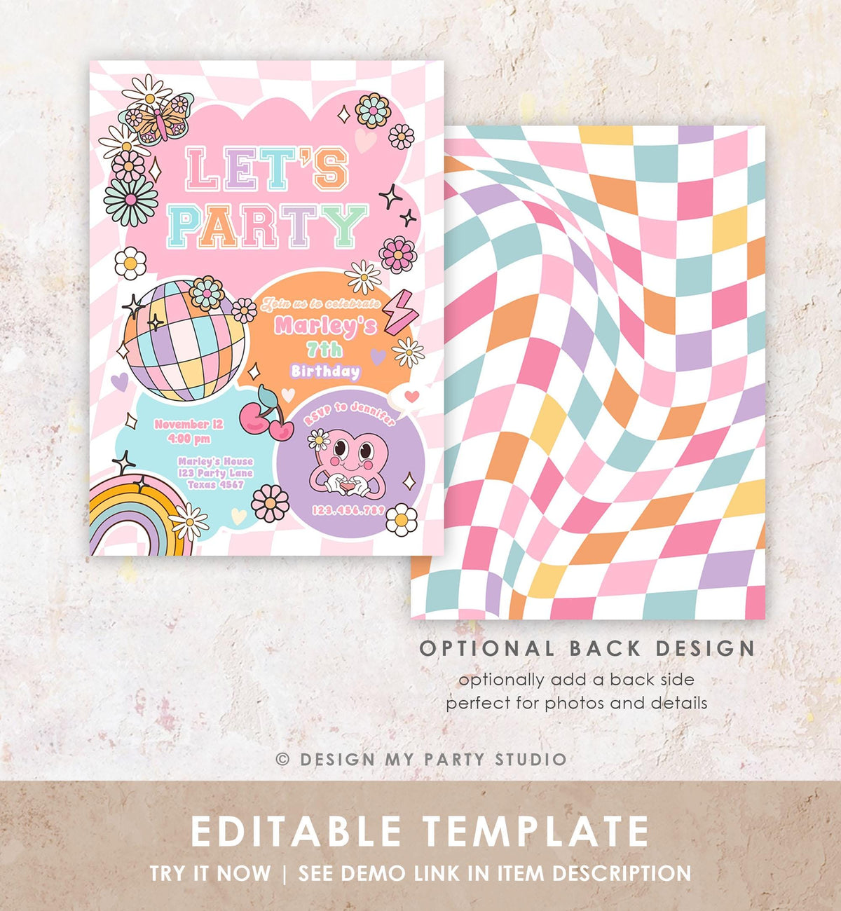 Editable Preppy Birthday Party Invitation Let&#39;s Party Birthday Varsity Fashion Tween Disco Teen Party Download Template Evite Digital 0524