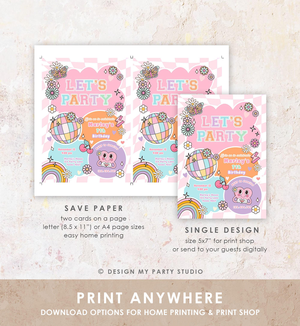 Editable Preppy Birthday Party Invitation Let&#39;s Party Birthday Varsity Fashion Tween Disco Teen Party Download Template Evite Digital 0524