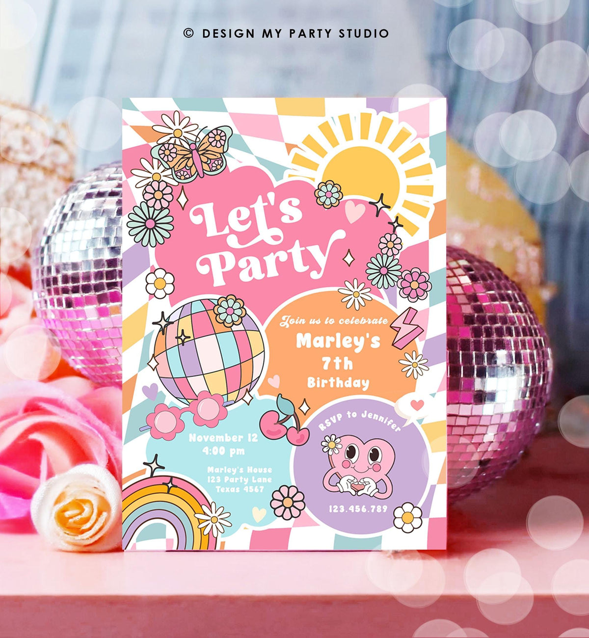 Editable Groovy Birthday Party Invitation Let&#39;s Party Birthday Hippie Retro Sunshine Preppy Varsity Download Template Evite Digital 0524