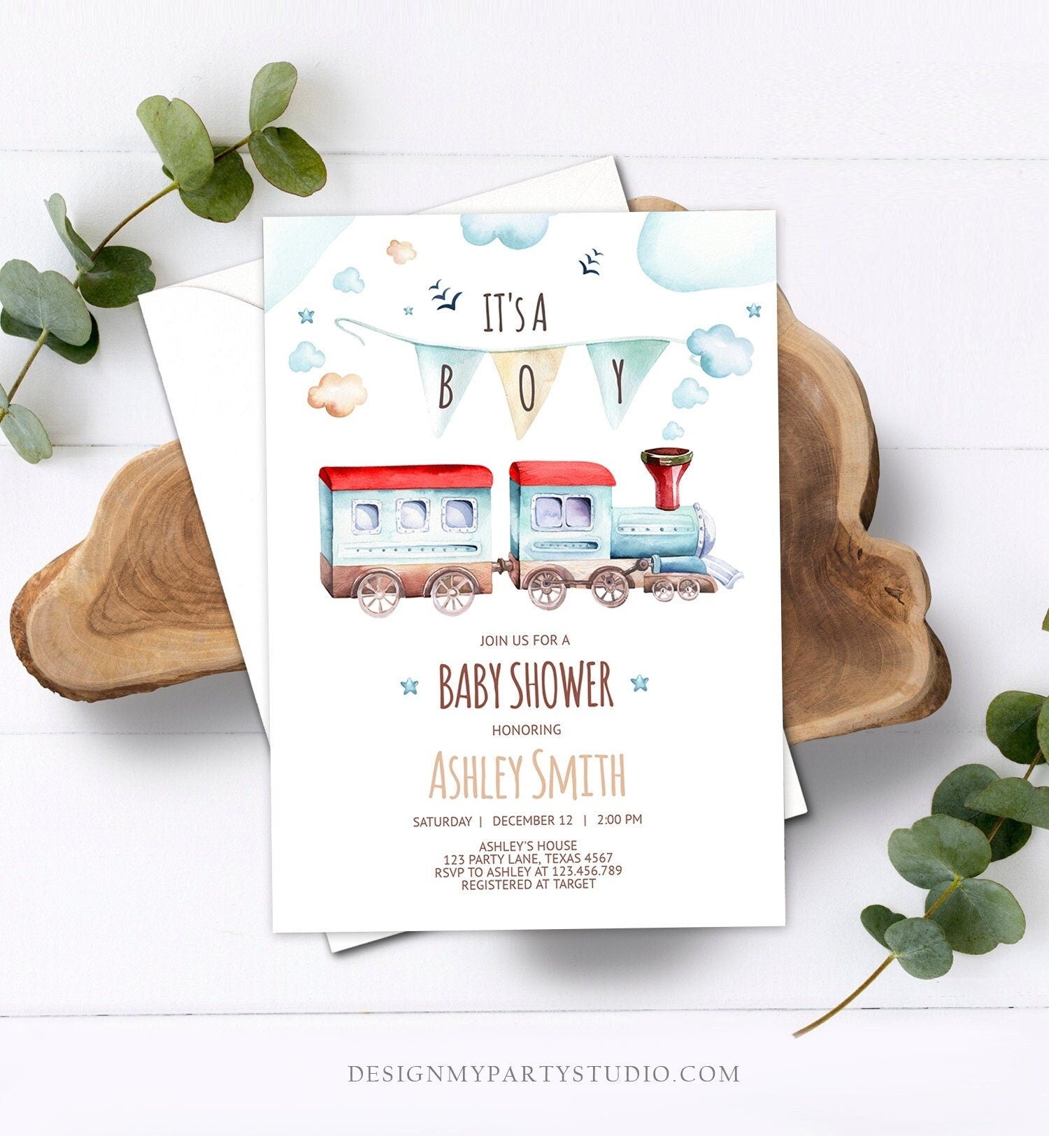 Editable Vintage Train Baby Shower Invitation Red Blue Vintage Chugga Chugga Choo Choo It's a Boy Clouds Digital Template Printable 0149