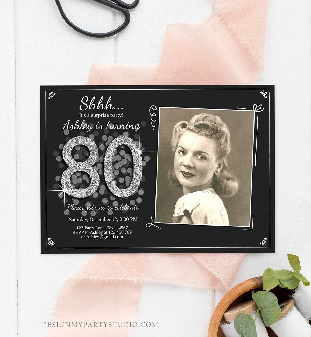 Editable ANY AGE Surprise Birthday Invitation Adult 80th Party Rustic Black Silver Glitter Photo Digital Download Template Printable 0103