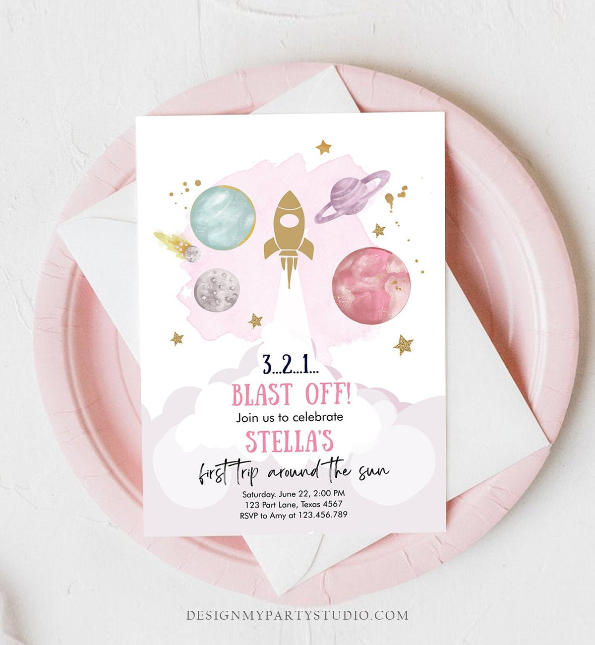 Editable Outer Space Girl First Birthday Invitation Galaxy Blast Off First Trip Space Rocket Pink Digital Download Template Printable 0357