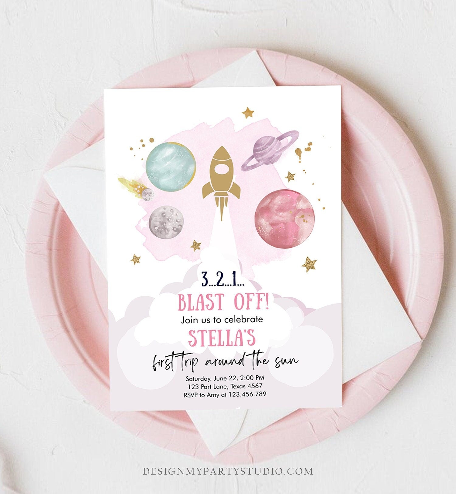 Editable Outer Space Girl First Birthday Invitation Galaxy Blast Off First Trip Space Rocket Pink Digital Download Template Printable 0357