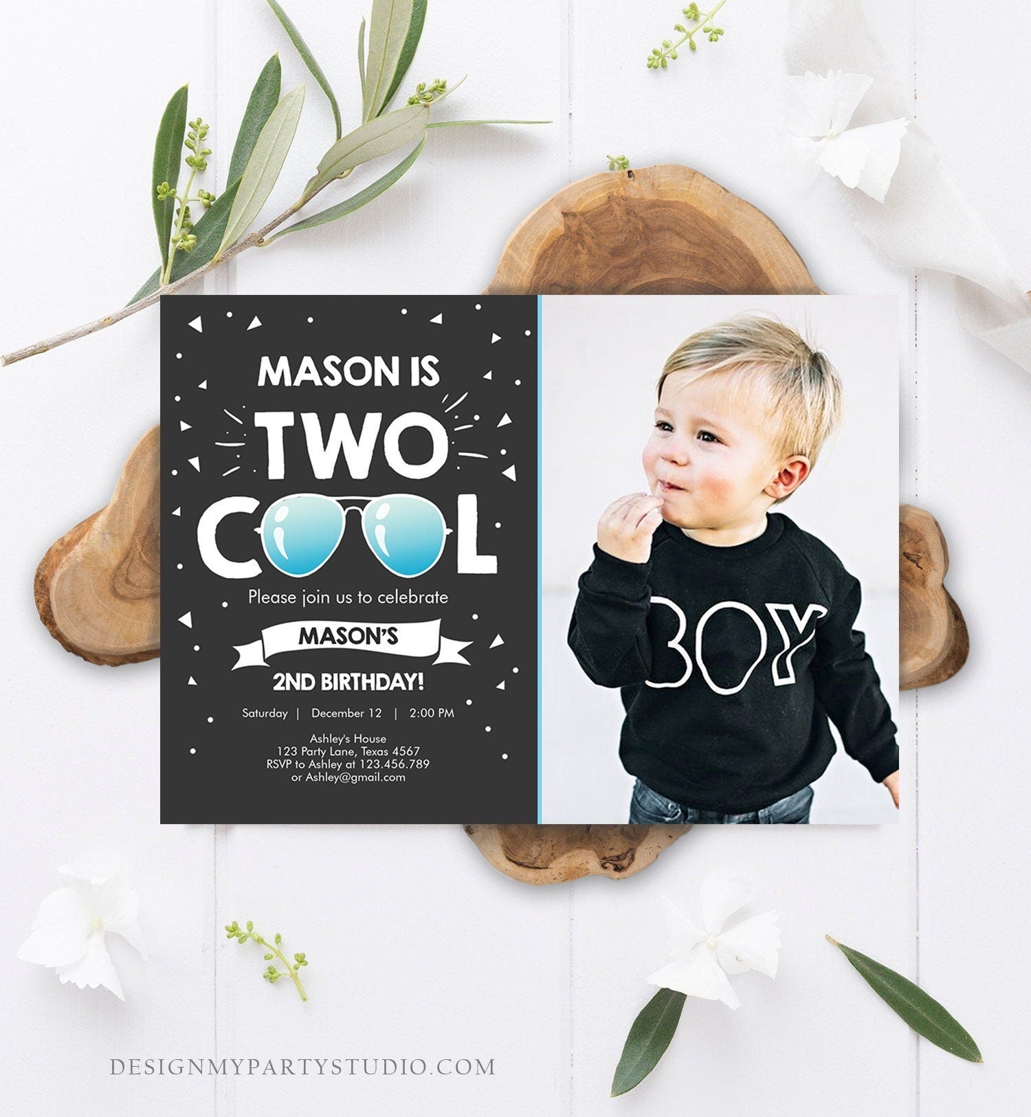 Editable Two Cool Birthday Invitation Boy Second Birthday Party 2nd I'm Two Cool Pilot Sunglasses Photo Digital Template Printable 0136