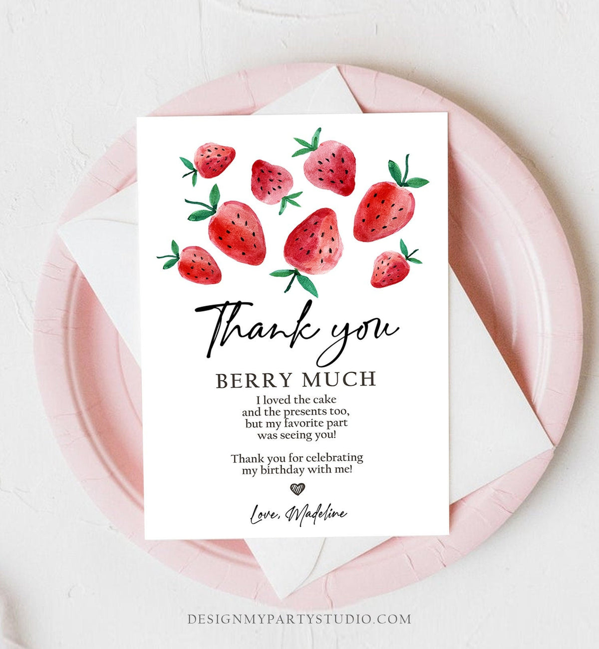 Editable Strawberry Thank You Card Strawberry Birthday First Berry Much Farmers Market Strawberries Digital Download Template Printable 0399