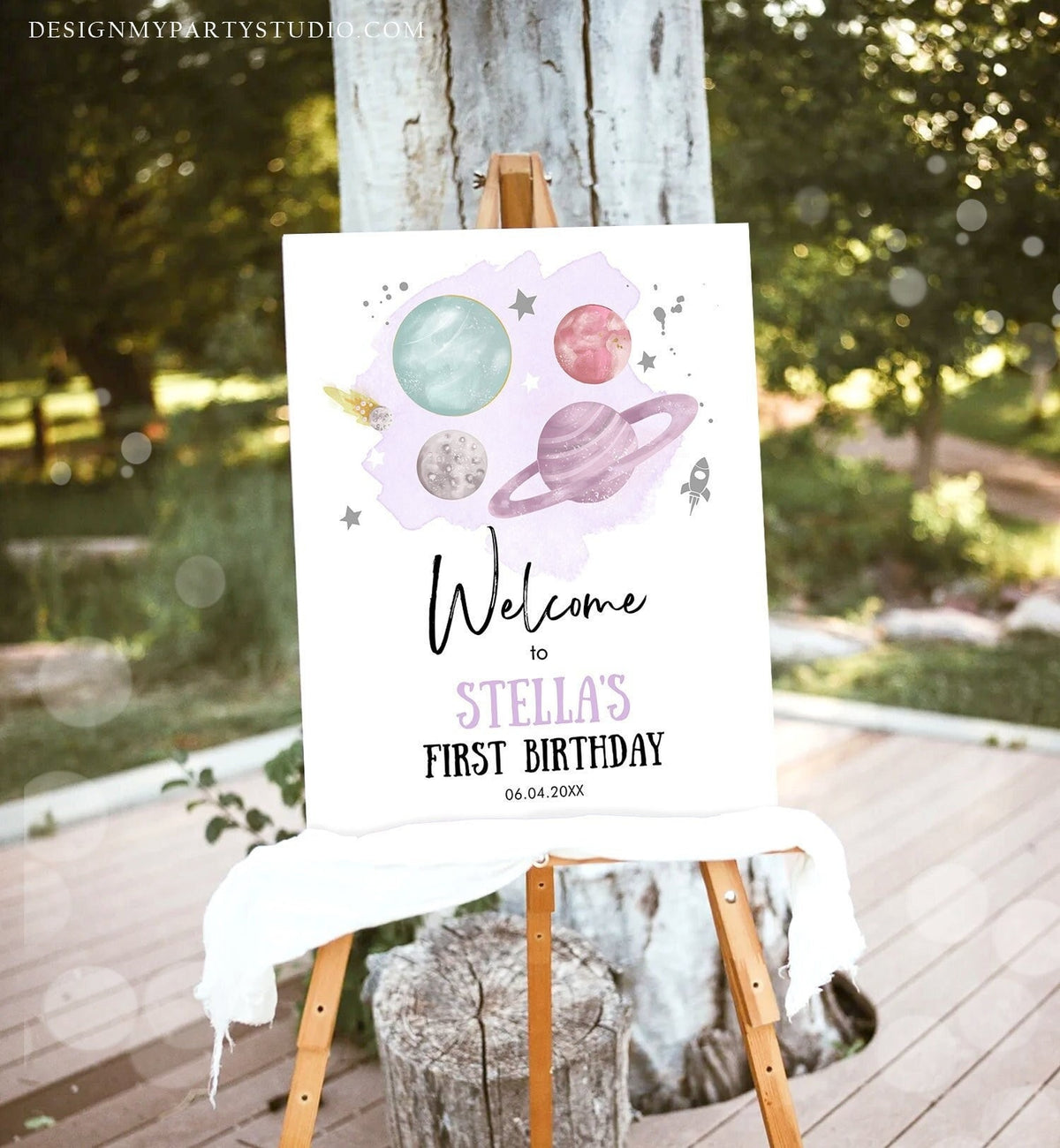 Editable Outer Space Birthday Welcome Sign 1st Birthday Girl Purple Silver Galaxy Planets Around the Sun Digital Template Printable 0357