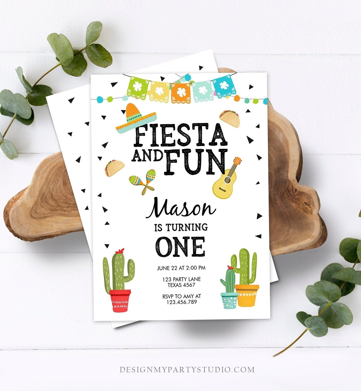 Editable Fiesta and Fun Birthday Invitation Boy First Fiesta Cactus Sombrero Mexican Blue Digital Download Evite Template Printable 0161
