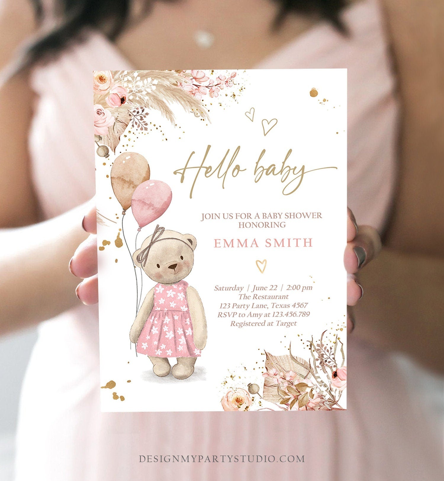 Editable Boho Teddy Bear Baby Shower Invitation We can Bearly Wait Girl Pink Bohemian Pampas Grass Cute Digital Template Printable 0421