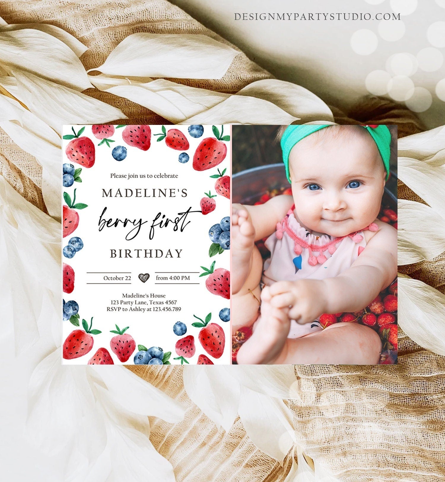 Editable Berry Sweet Birthday Invitation Blueberry Strawberry Picking Party Farmers Market Twin Digital Evite Template Printable 0399