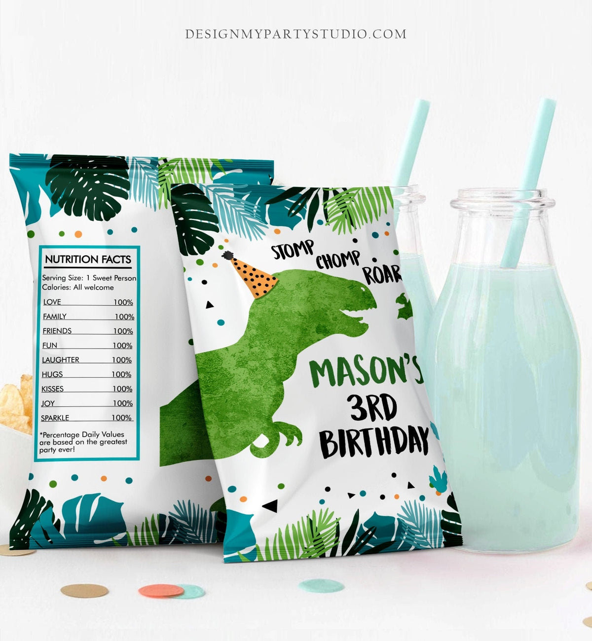 Editable Dinosaur Chip Bag Dino T-Rex Party Decor Boy Dino Birthday Party Snack Favors Potatoes Green Digital Template Printable 0389