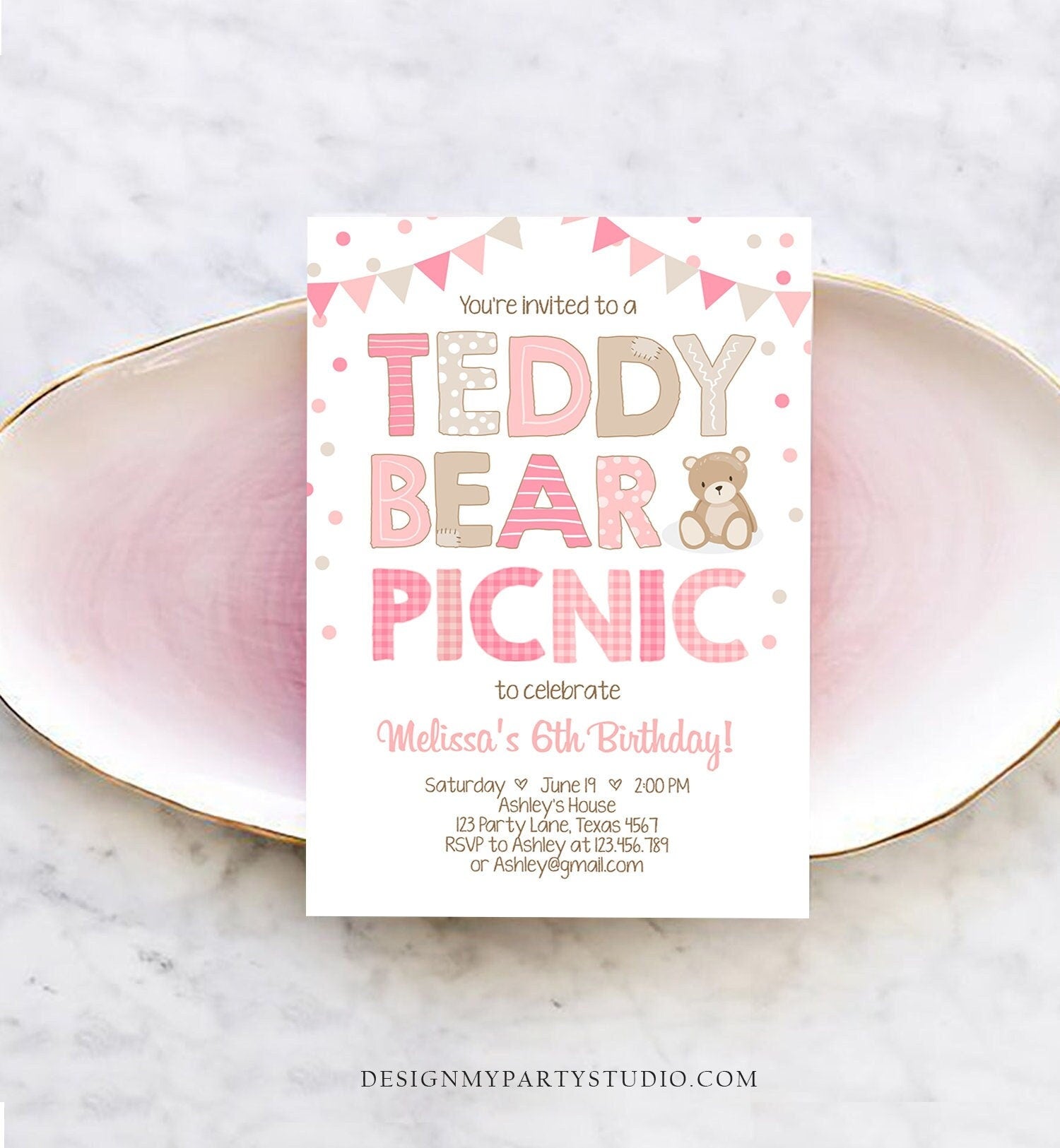 Editable Teddy Bear Picnic Birthday Invitation Girl Pink Bear Birthday Picnic Summer Outdoor Party Digital Evite Template Printable 0100