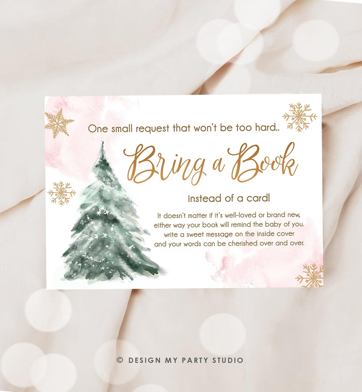 Editable Bring a Book Card Baby It&#39;s Cold Outside Baby Shower Winter Snow Pink Gold Watercolor Books Request Digital Template Printable 0363