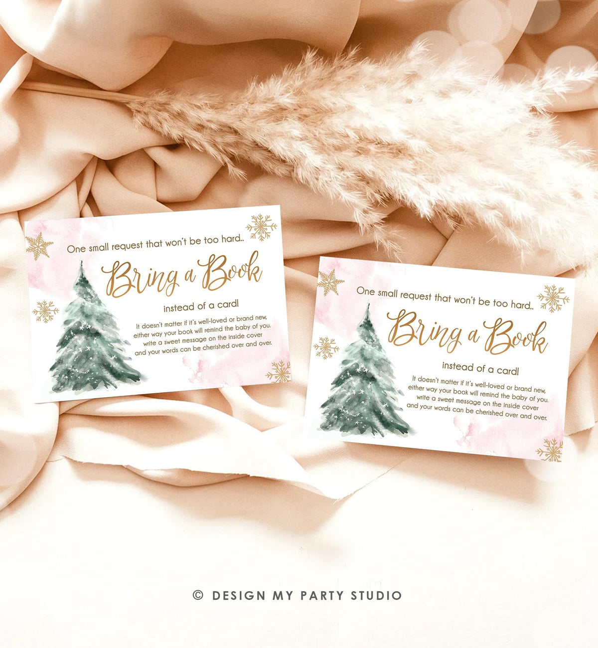 Editable Bring a Book Card Baby It&#39;s Cold Outside Baby Shower Winter Snow Pink Gold Watercolor Books Request Digital Template Printable 0363