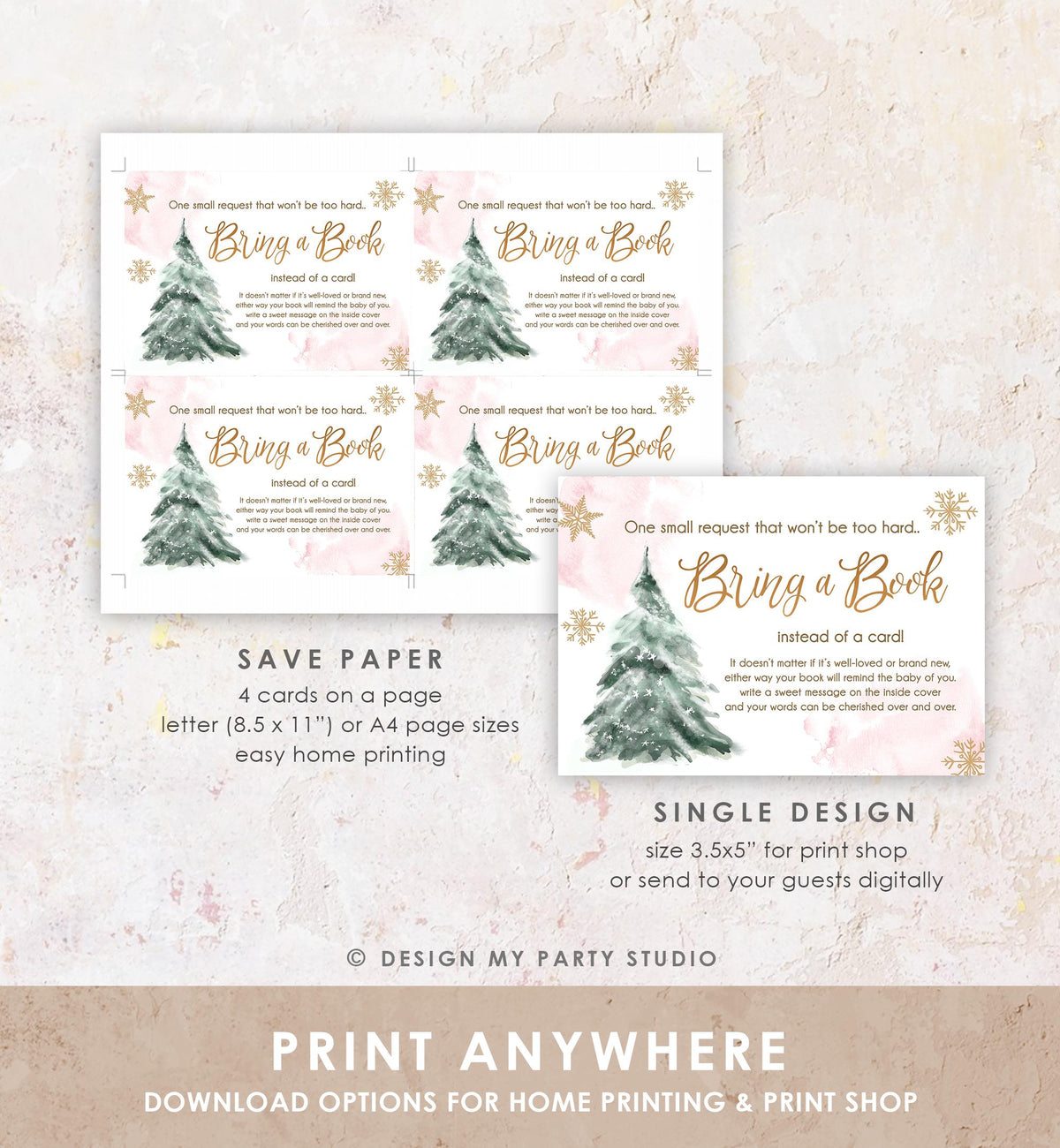 Editable Bring a Book Card Baby It&#39;s Cold Outside Baby Shower Winter Snow Pink Gold Watercolor Books Request Digital Template Printable 0363