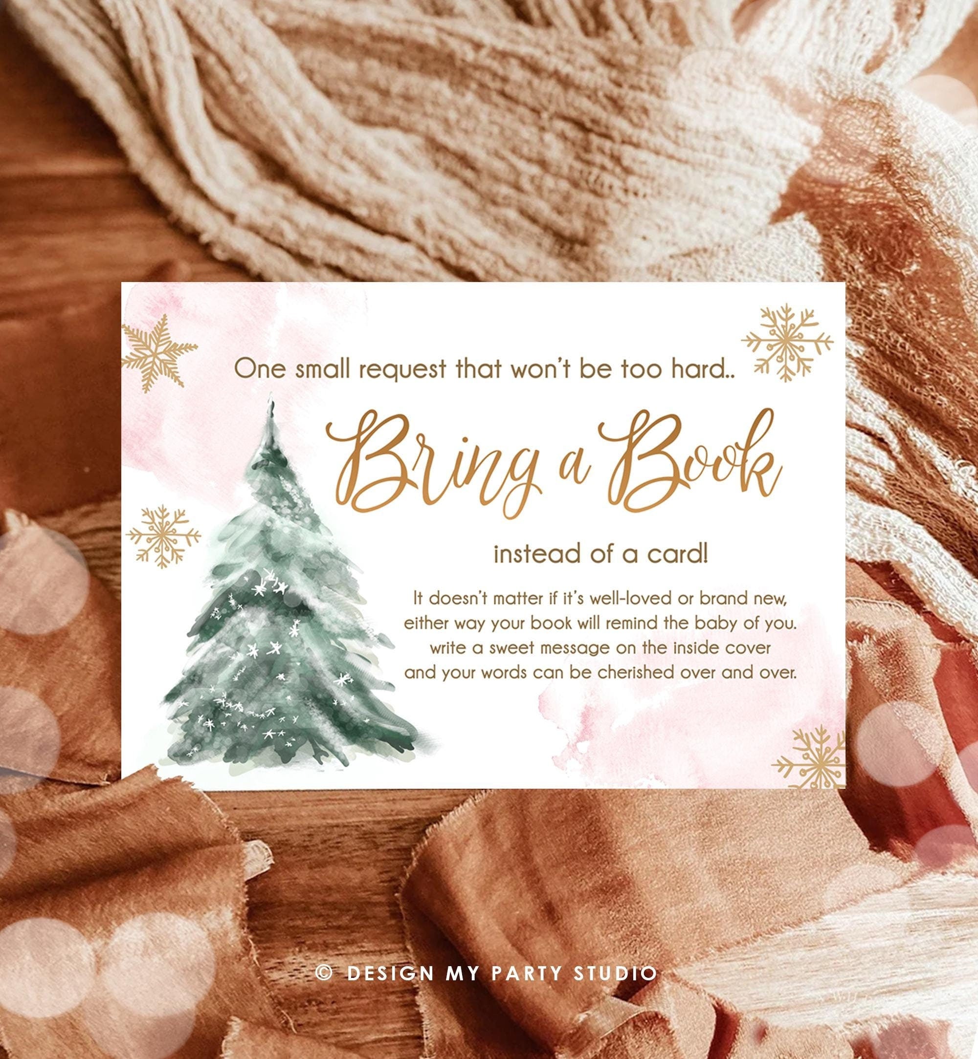 Editable Bring a Book Card Baby It's Cold Outside Baby Shower Winter Snow Pink Gold Watercolor Books Request Digital Template Printable 0363