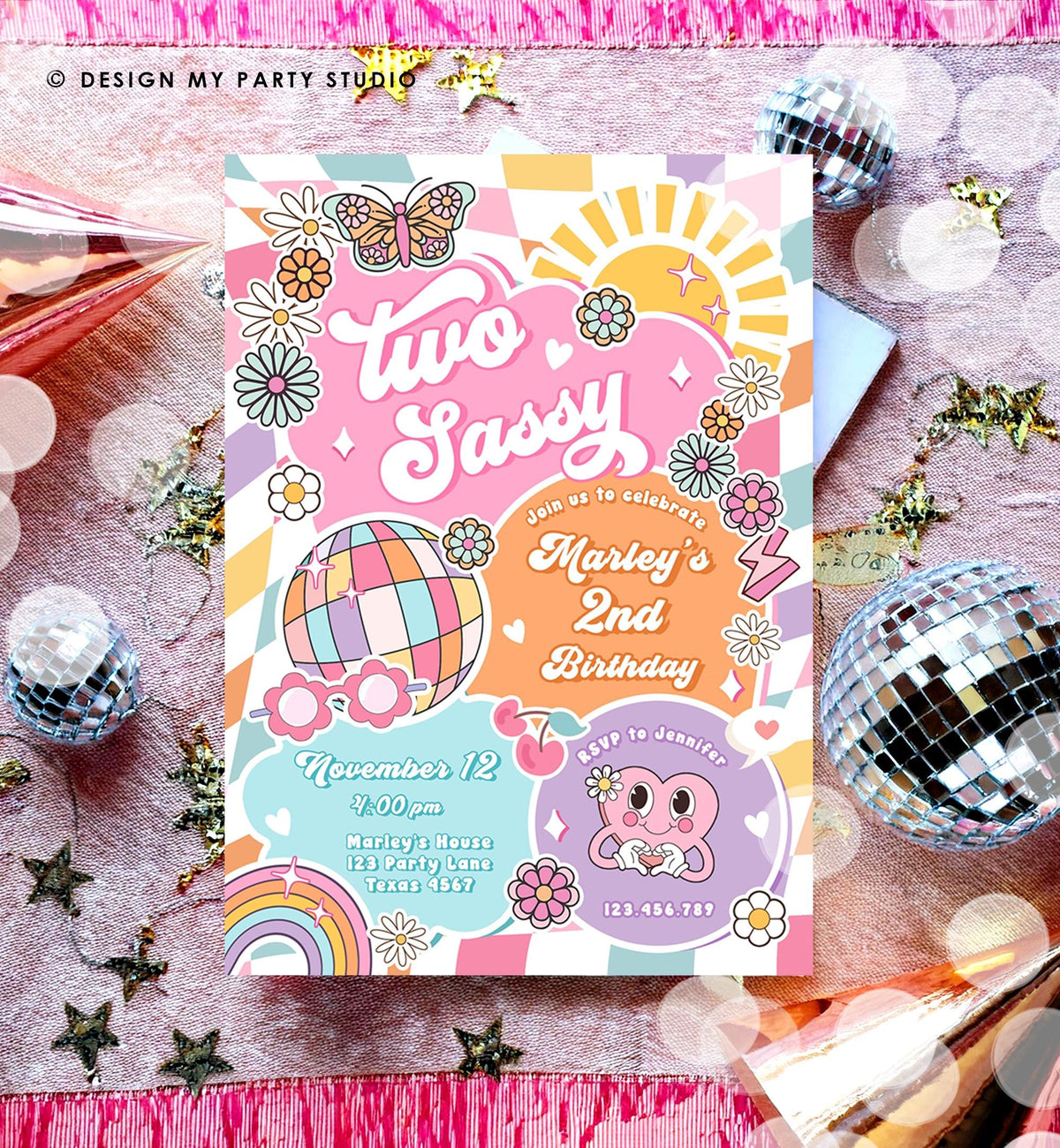 Editable Two Sassy 2nd Birthday Party Invitation Groovy Hippie Peace Sunshine Preppy Varsity Disco Digital Evite Template Printable 0524